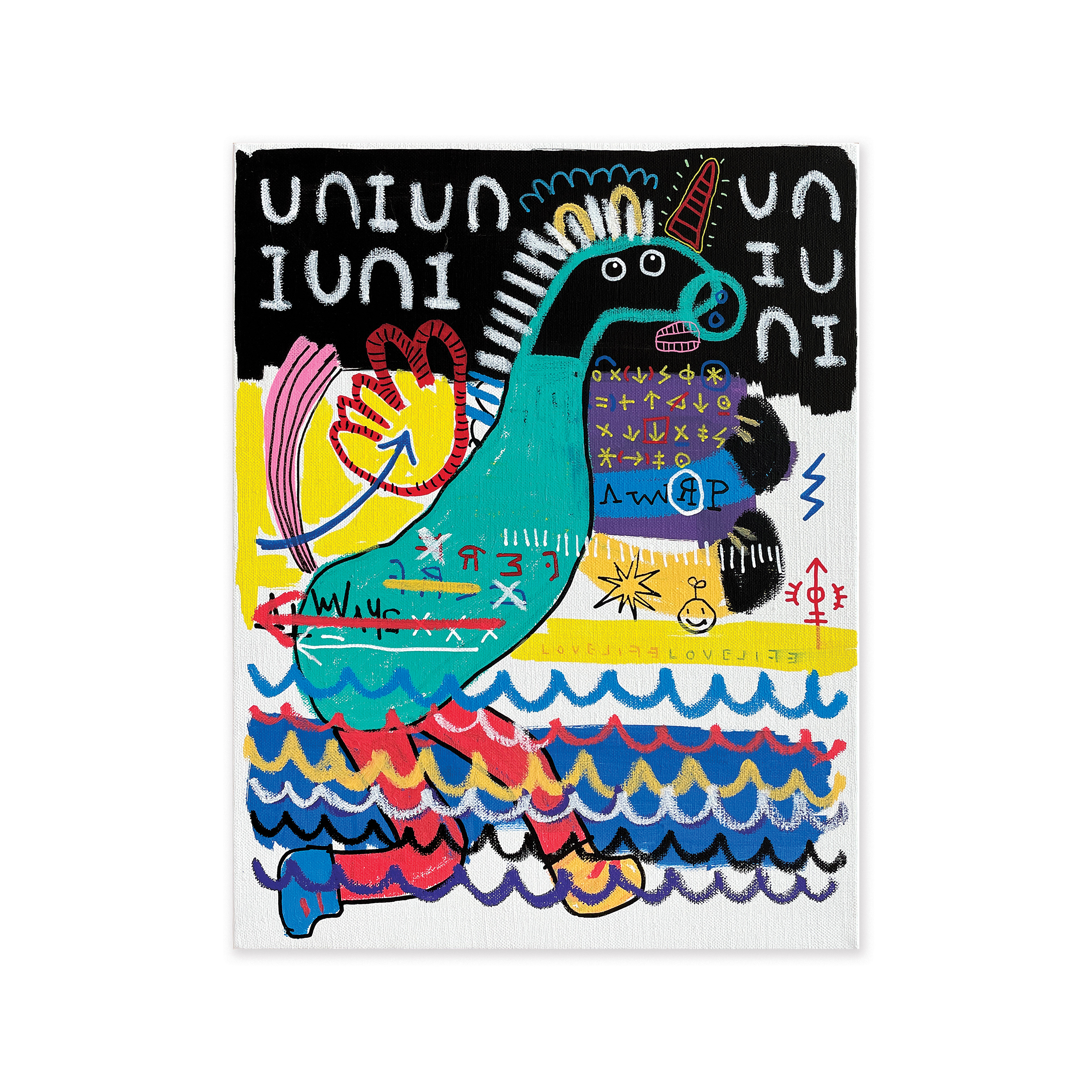 UNIUNI — Acrylic, acrylic marker, solid paint marker on canvas. 40.9 x 31.8 cm. 2021.