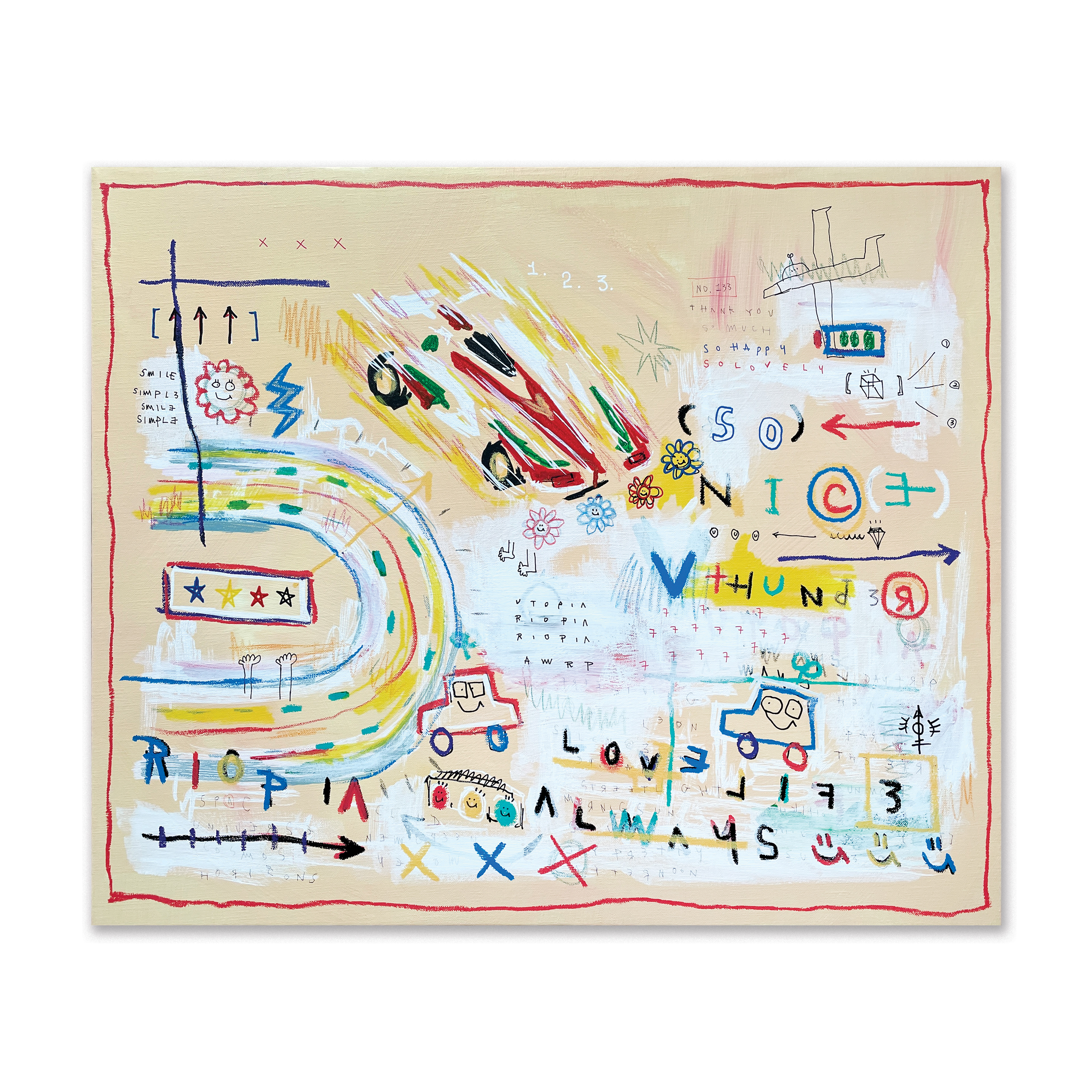 So Nice — Acrylic, acrylic marker, oil paint-stick, wax pastel, ball pen on canvas. 60.6 x 72.7 cm. 2021.