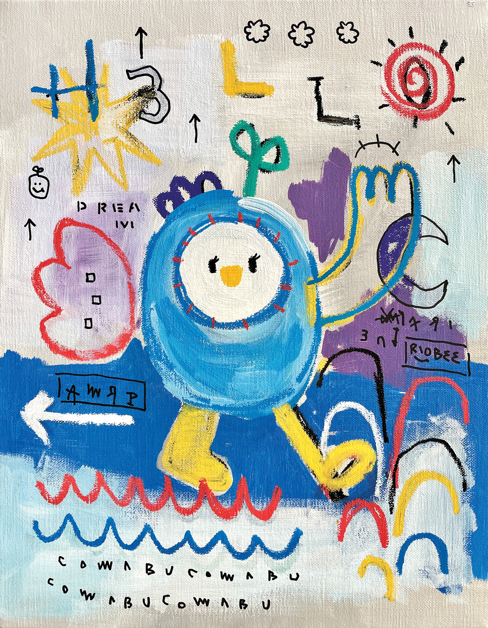 [Hello RIOBEE] 40.9 x 31.8 cm (6F) Acrylic, oil paint-stick, acrylic marker on canvas 2022