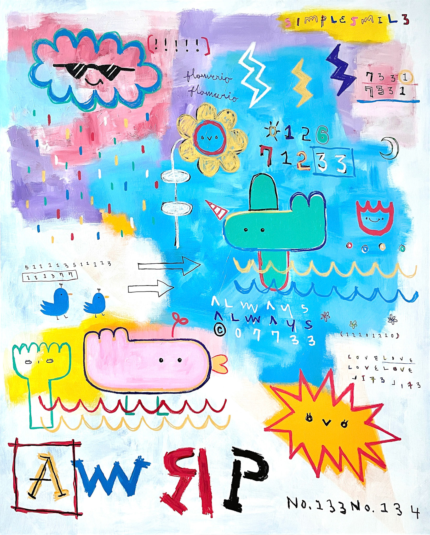 [무지개 내린다] 162.2 x 130.3 cm (100F) Acrylic, oil paint-stick, acrylic marker, wax pastel on canvas 2022