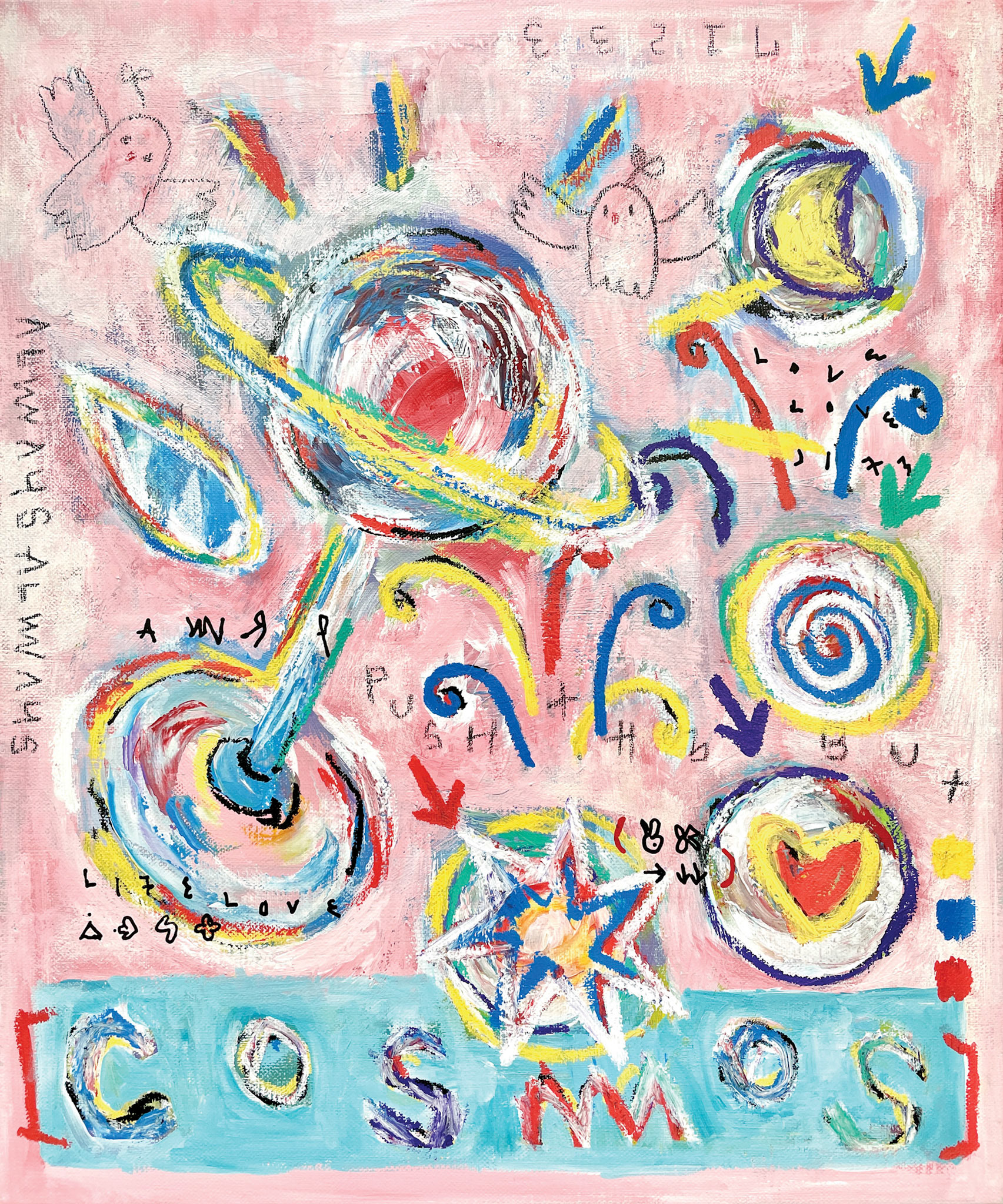 [PUSH THE BUTTON] 45.5 x 37.9 cm (8F) Acrylic, oil paint-stick, acrylic marker, wax pastel on canvas 2022