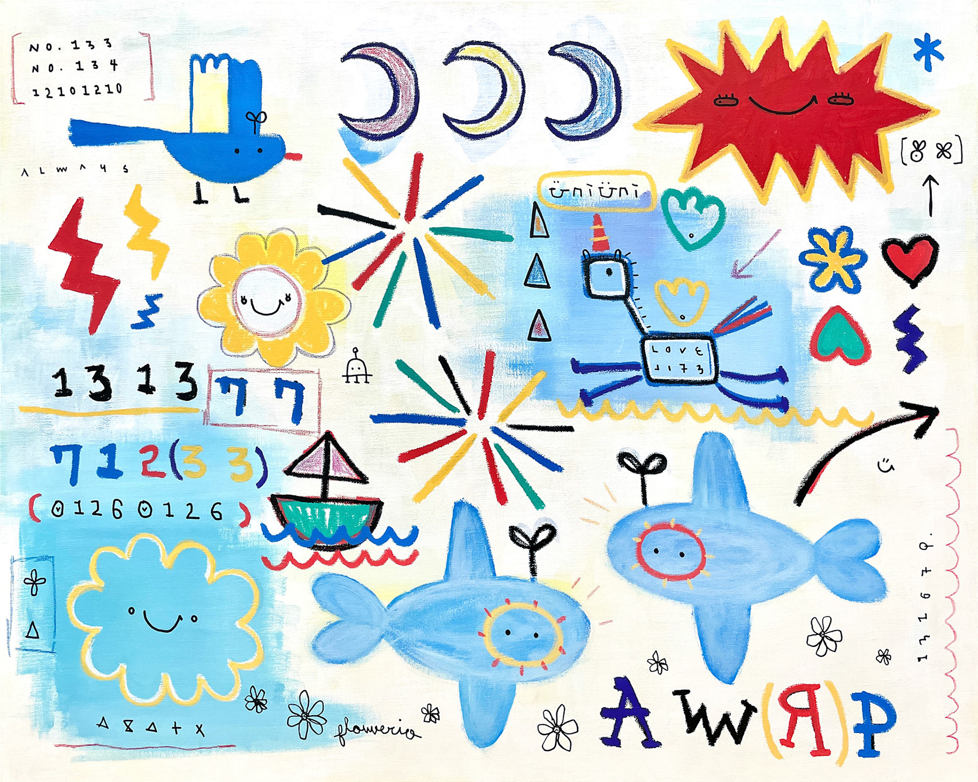 [빨강 별이 보고 있어] 72.7 x 90.9 cm (30F) Acrylic, oil paint-stick, acrylic marker, wax pastel on canvas 2022