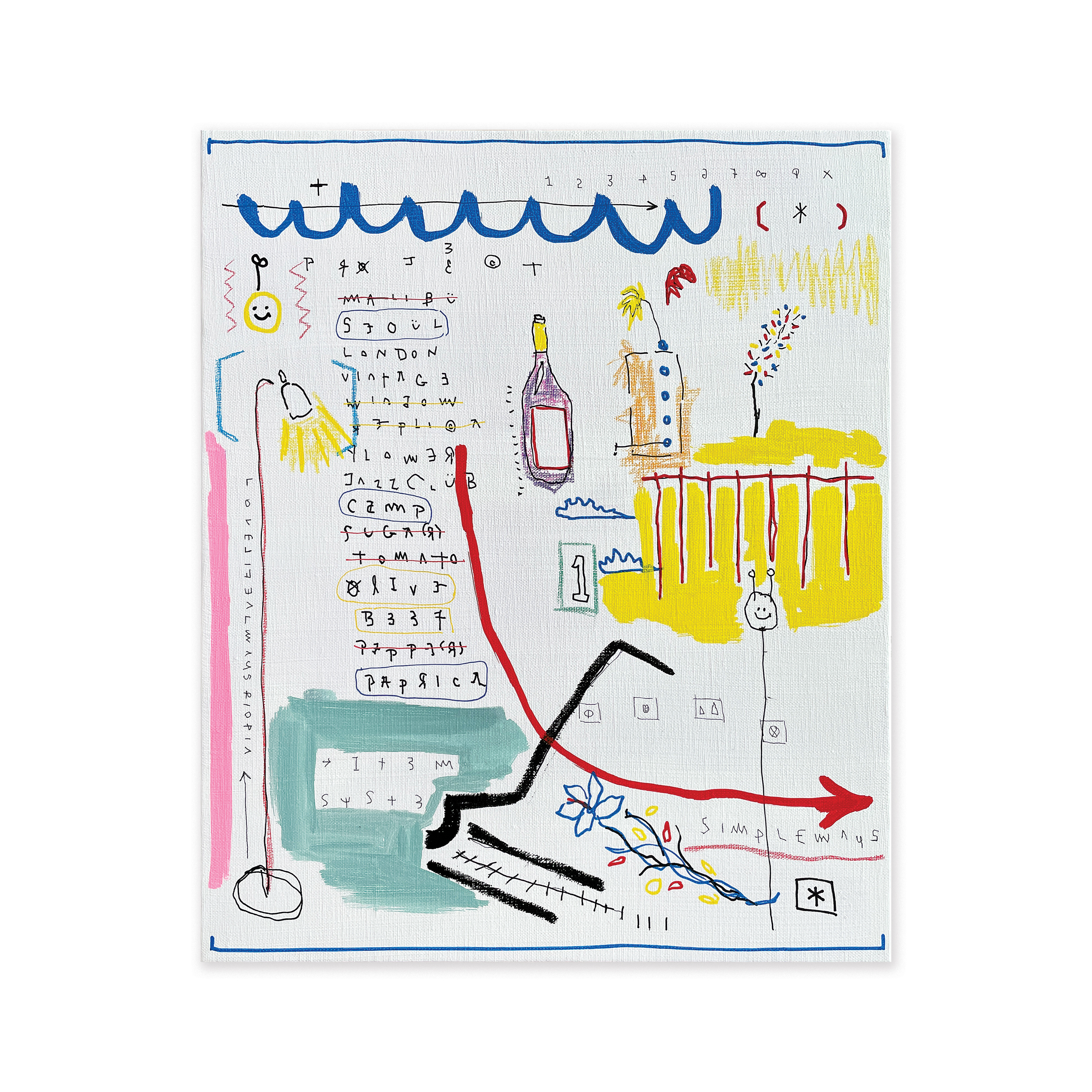Simple Ways — Acrylic, acrylic marker, solid paint marker, wax pastel, ball pen on canvas. 45.5 x 37.9 cm. 2021.