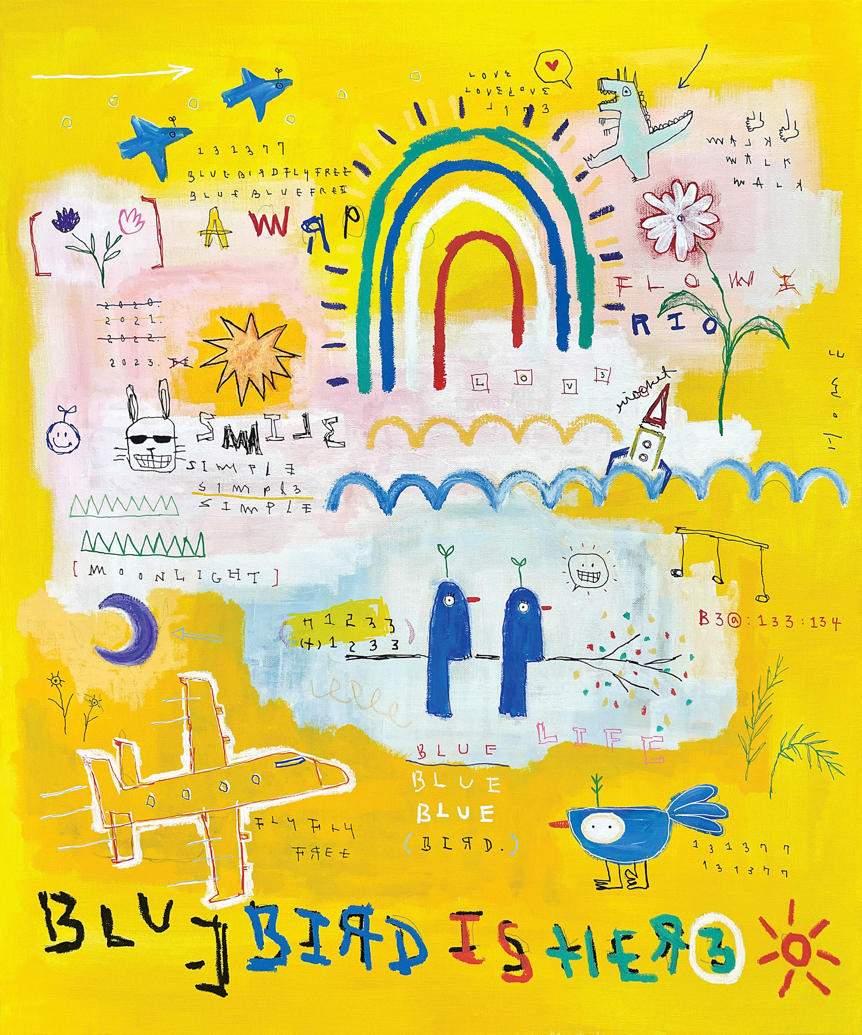 [Blue Bird Is Here (smile)] 72.7 x 60.6 (20F) Acrylic, oil paint-stick, acrylic marker, wax pastel on canvas 2023