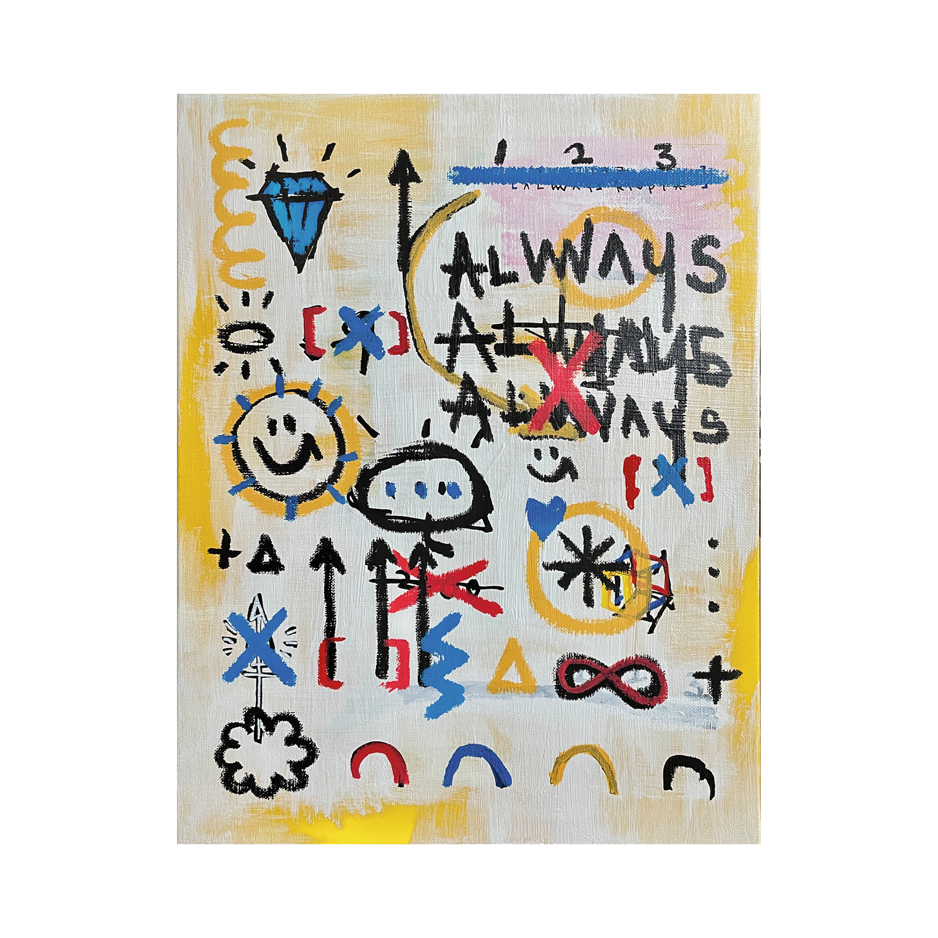 Always 123 — Acrylic, acrylic marker, solid paint marker on canvas. 40.9 x 31.8 cm. 2021.