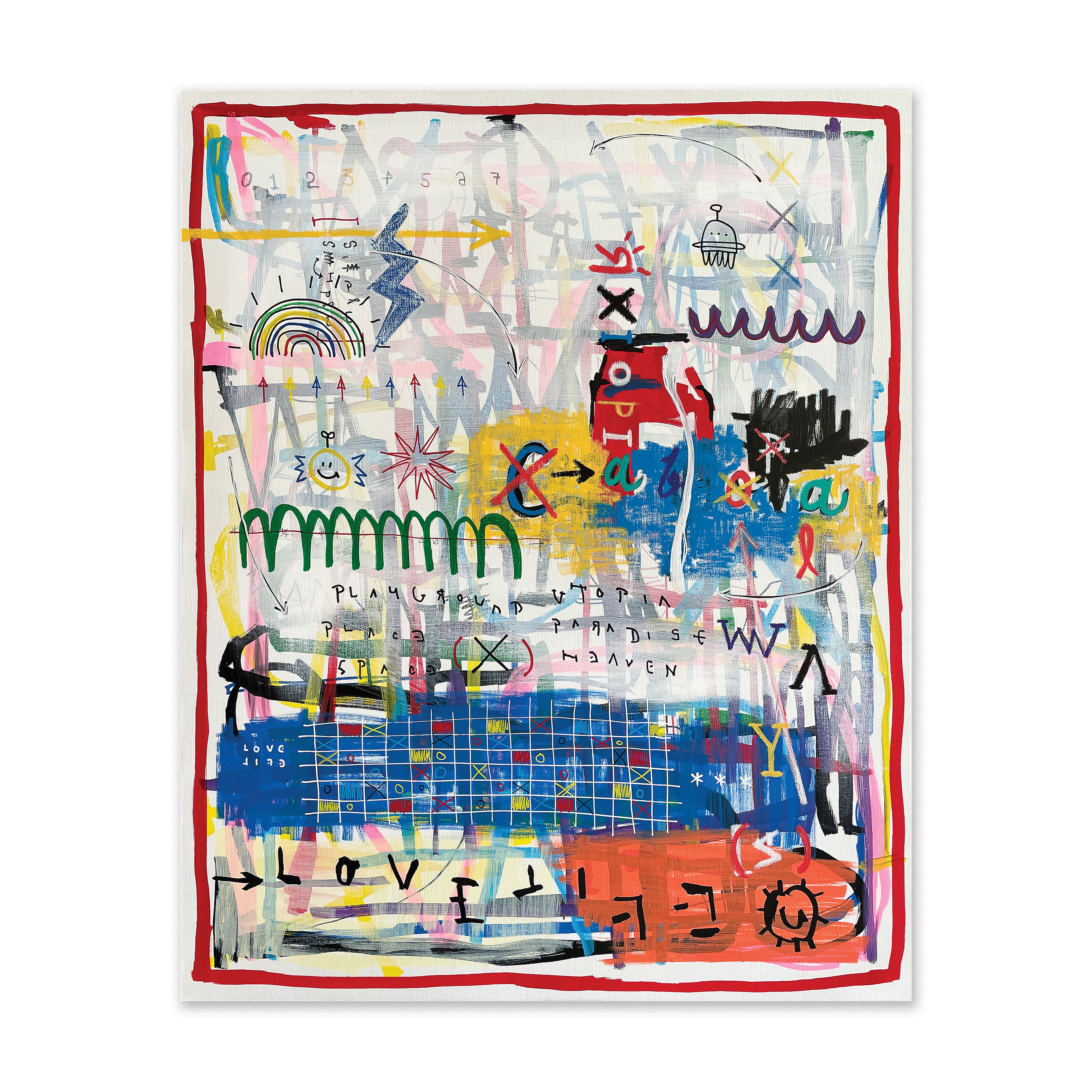 Playground — Acrylic, acrylic marker, solid paint marker, wax pastel on canvas. 100 x 80.3 cm. 2021.