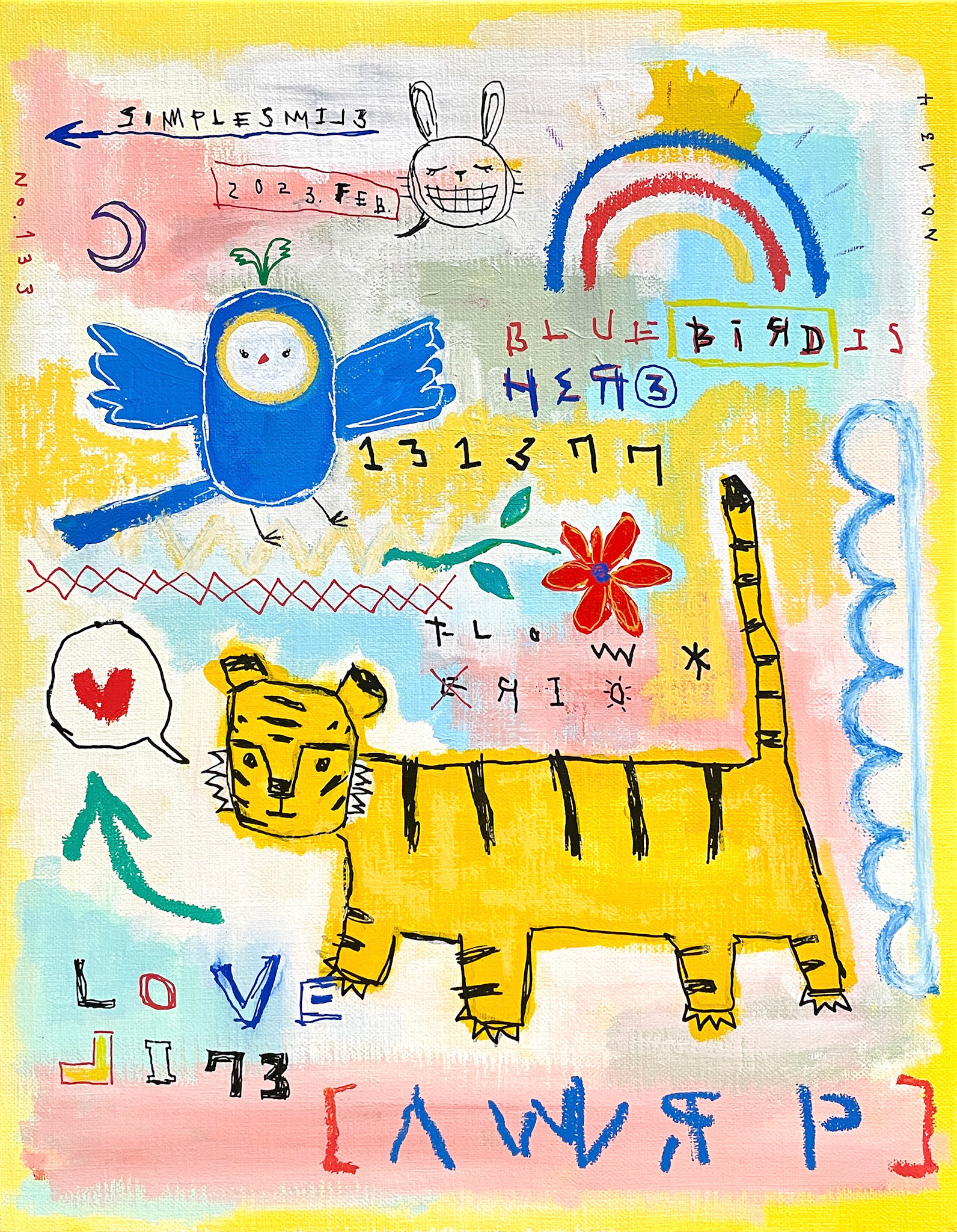 [Blue Bird Is Here (tiger)] 40.9 x 31.8 (6F) Acrylic, oil paint-stick, acrylic marker, wax pastel on canvas 2023