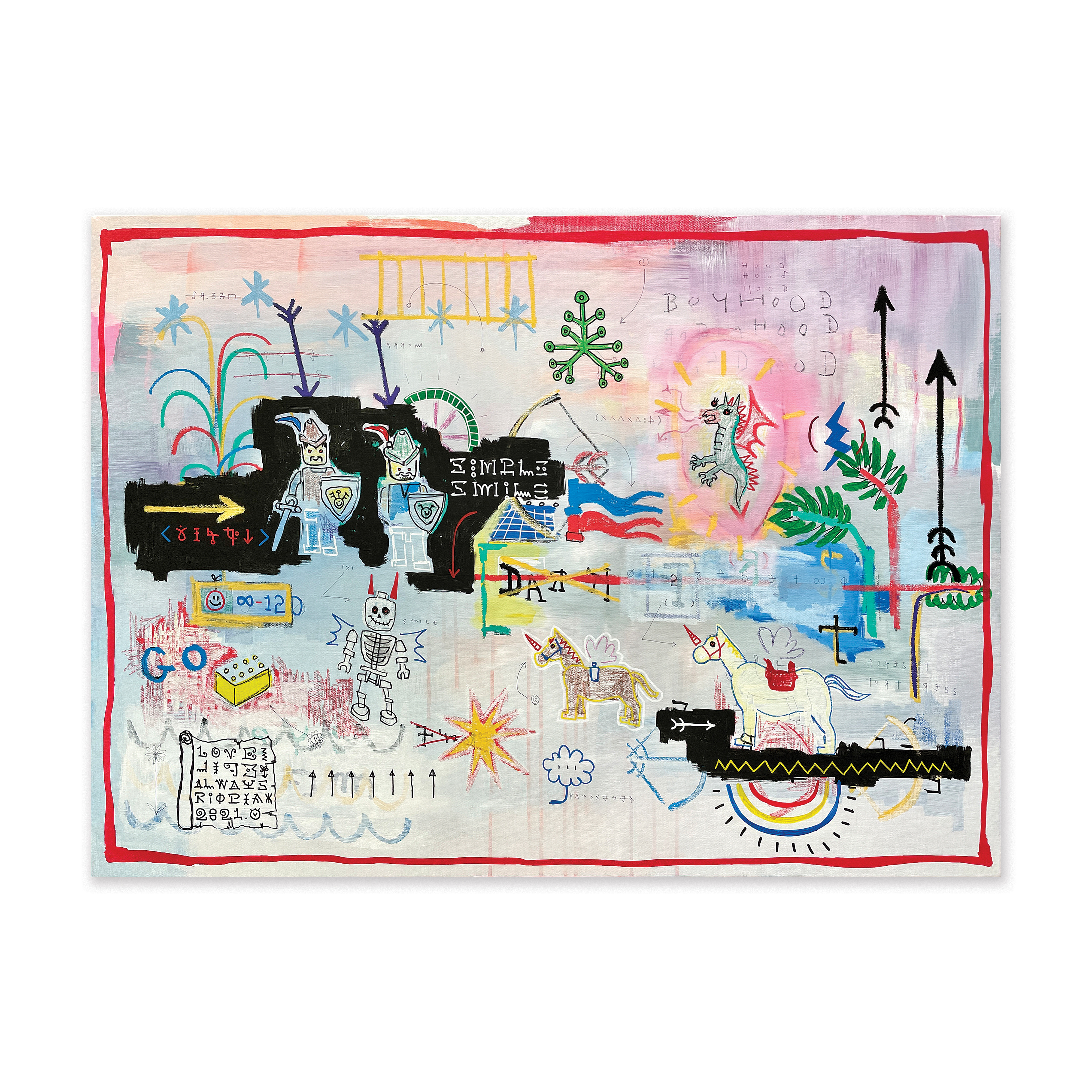 Hood Forest — Acrylic, acrylic marker, solid paint marker, wax pastel, ball pen on canvas. 72.7 x 100 cm. 2021.