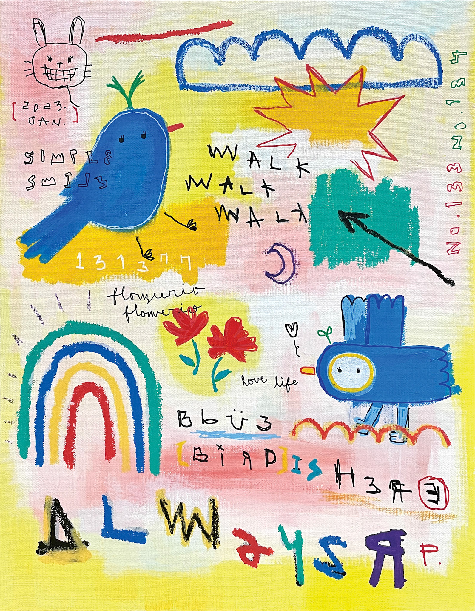 [Blue Bird Is Here (walk)] 40.9 x 31.8 (6F) Acrylic, oil paint-stick, acrylic marker, wax pastel on canvas 2023