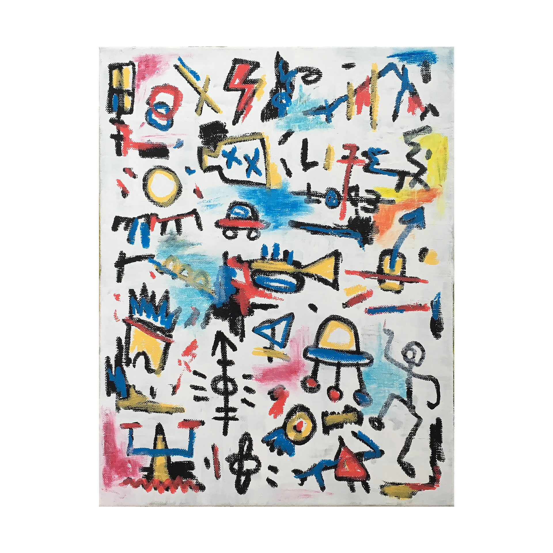 Trumpet - ALWAYS RIOPIA — Oil pastel, solid paint marker on canvas.  40.9 x 31.8 cm. 2018.