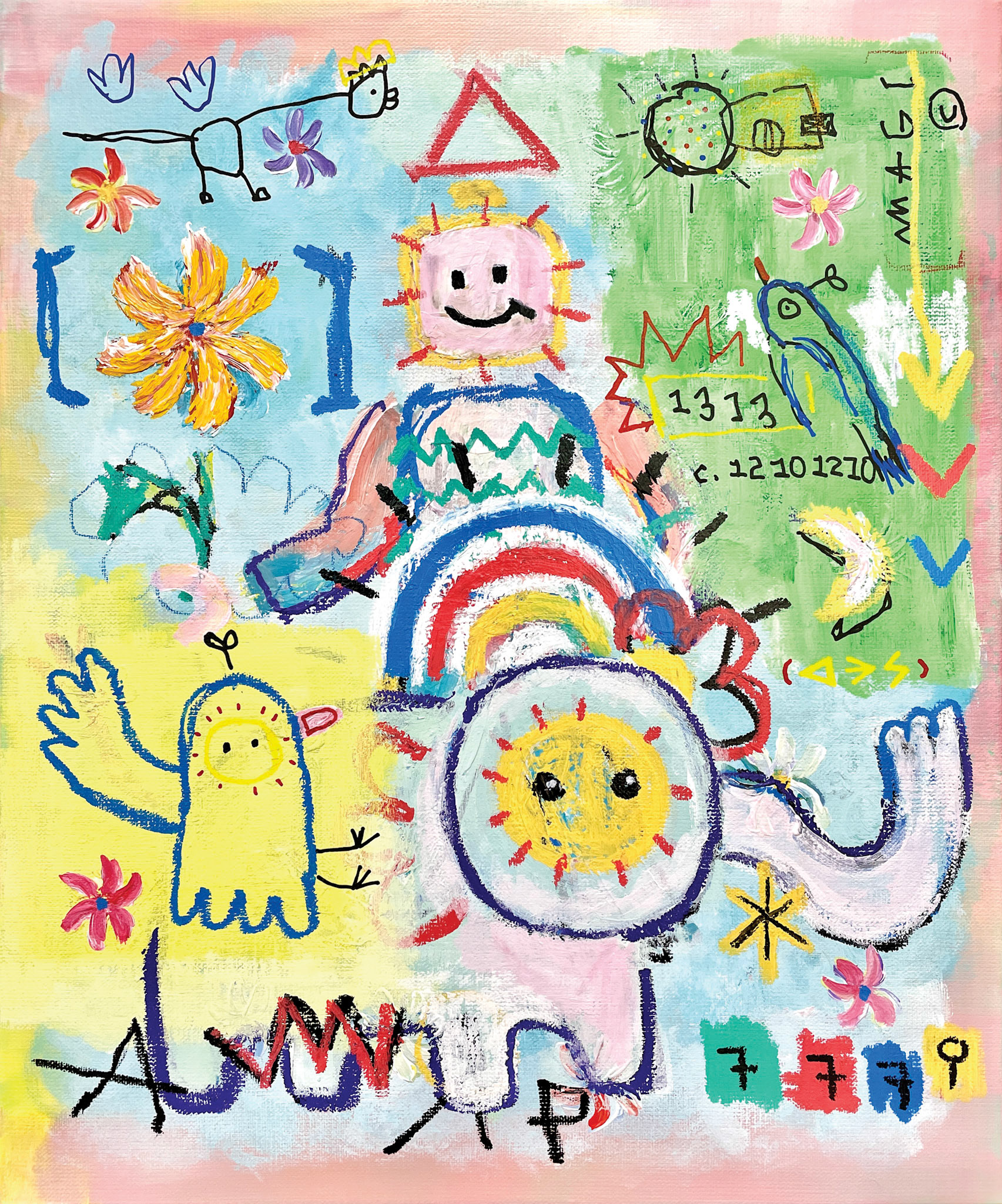 [코끼리는 내 친구] 45.5 x 37.9 cm (8F) Acrylic, oil paint-stick, acrylic marker, wax pastel on canvas 2022
