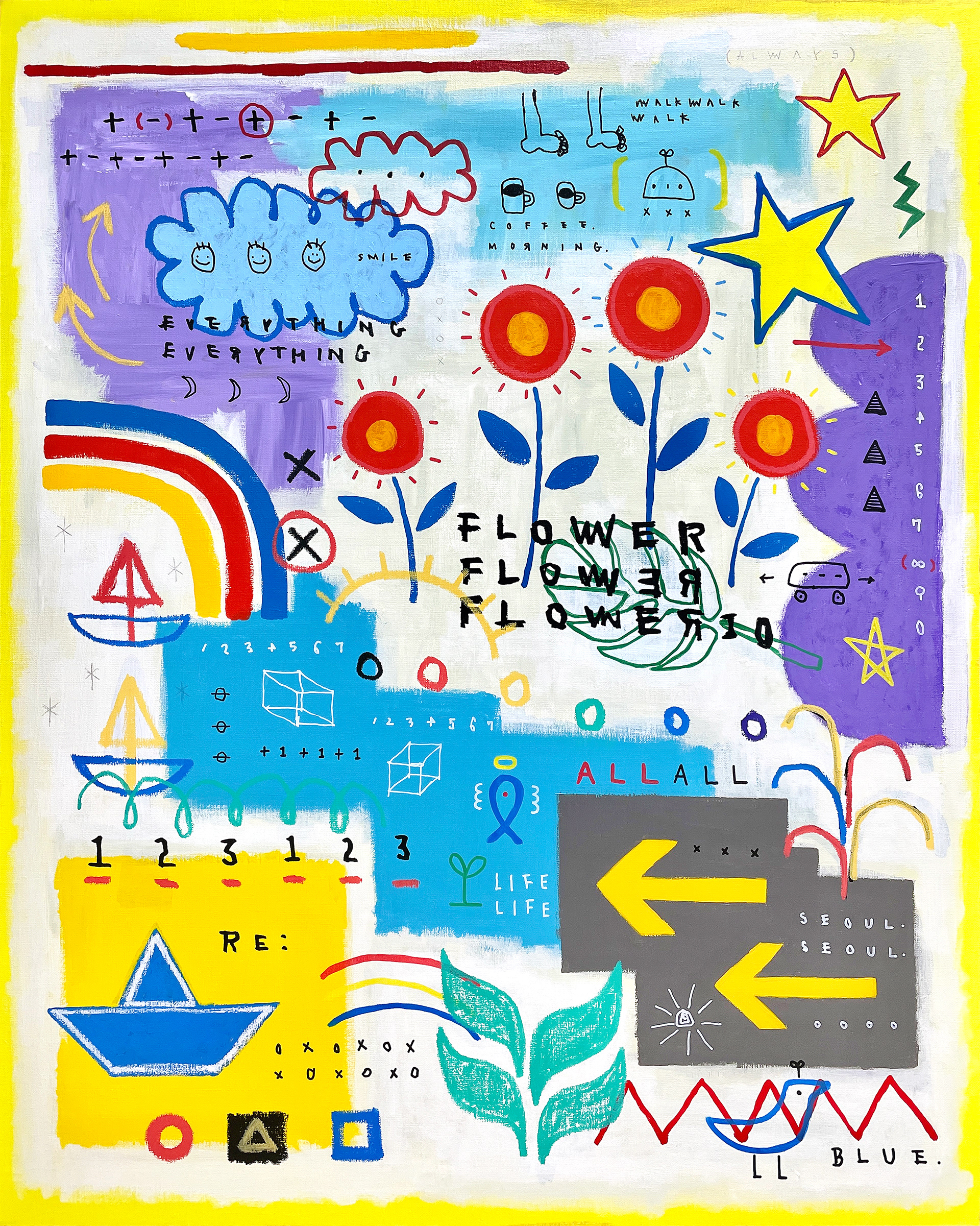 [RE] 90.9 x 72.7 cm (30F) Acrylic, oil paint-stick, oil marker, pencil on canvas 2023