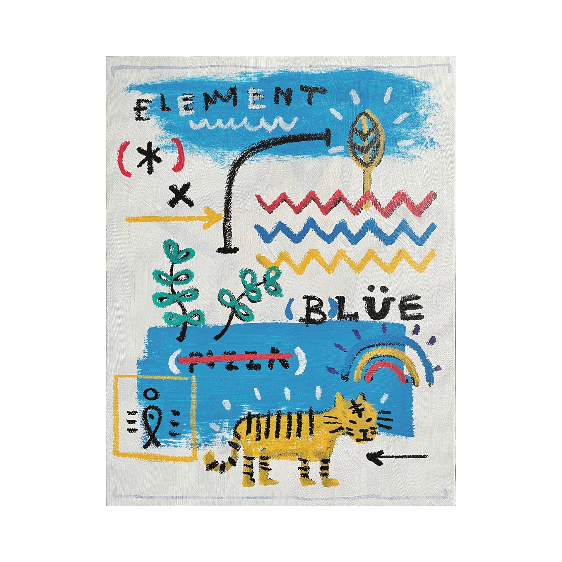 Blue and Tiger — Acrylic, acrylic marker, solid paint marker on canvas. 40.9 x 31.8 cm. 2021.