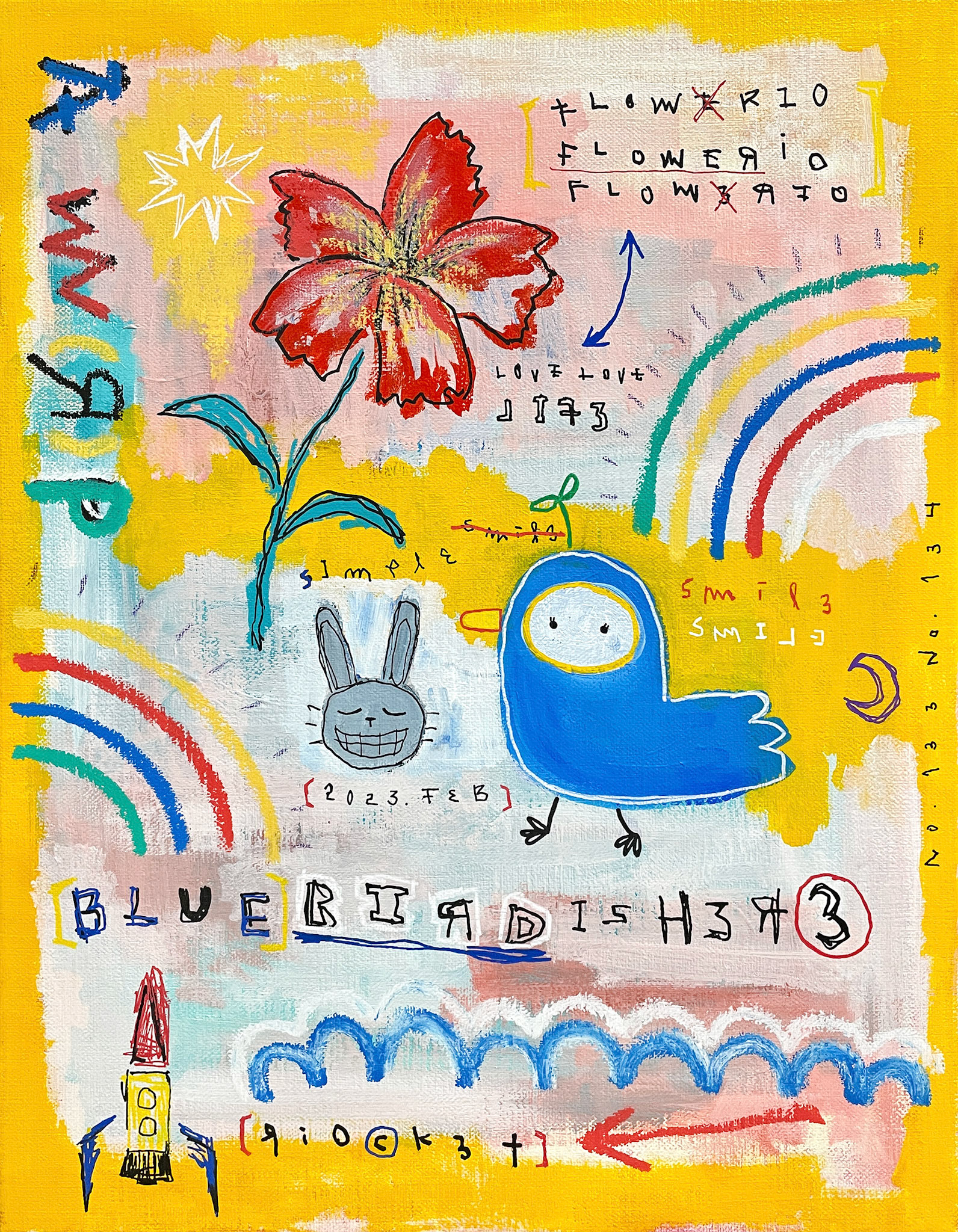 [Blue Bird Is Here (riocket)] 40.9 x 31.8 (6F) Acrylic, oil paint-stick, acrylic marker on canvas 2023