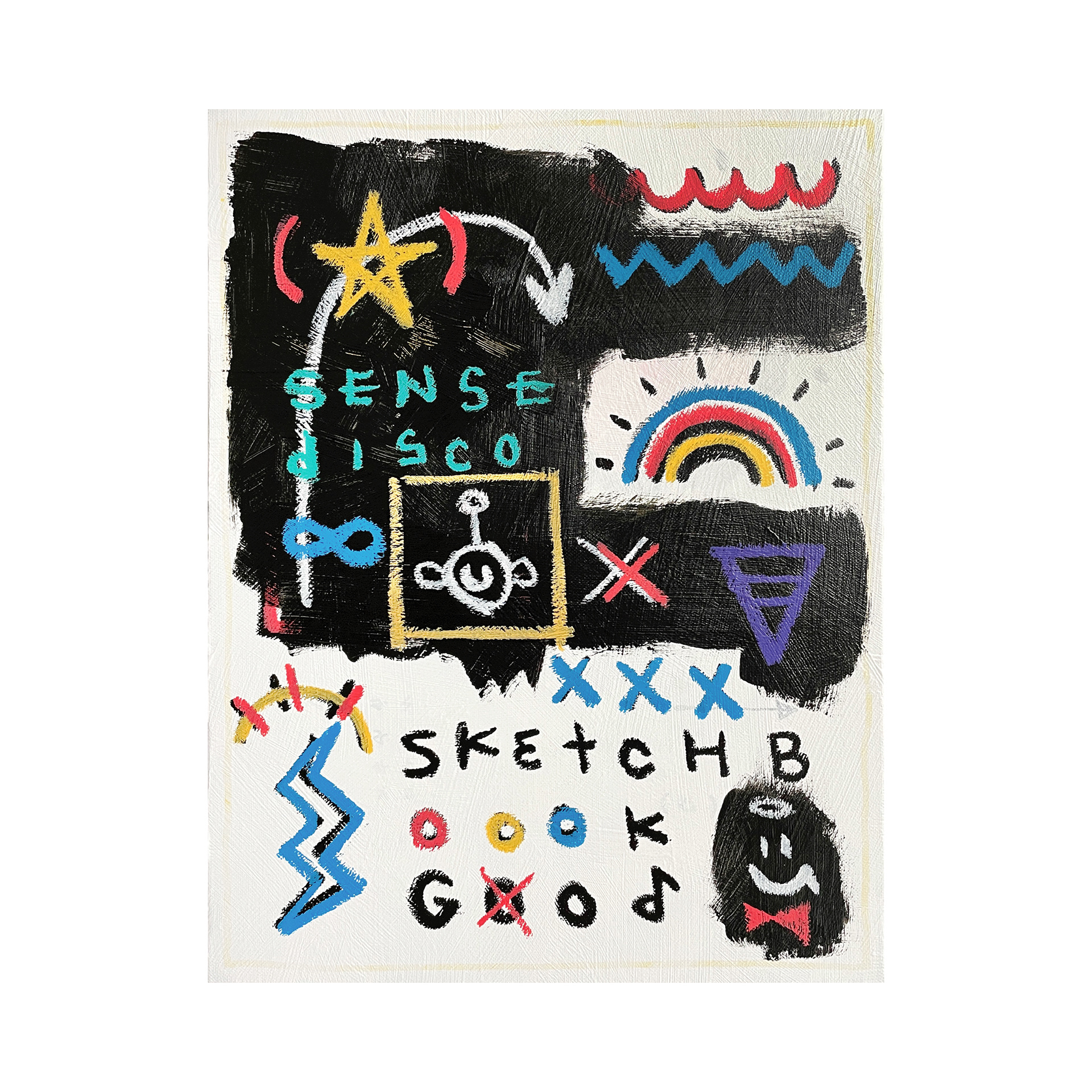 Sense Disco — Acrylic, acrylic marker, solid paint marker on canvas. 40.9 x 31.8 cm. 2021.