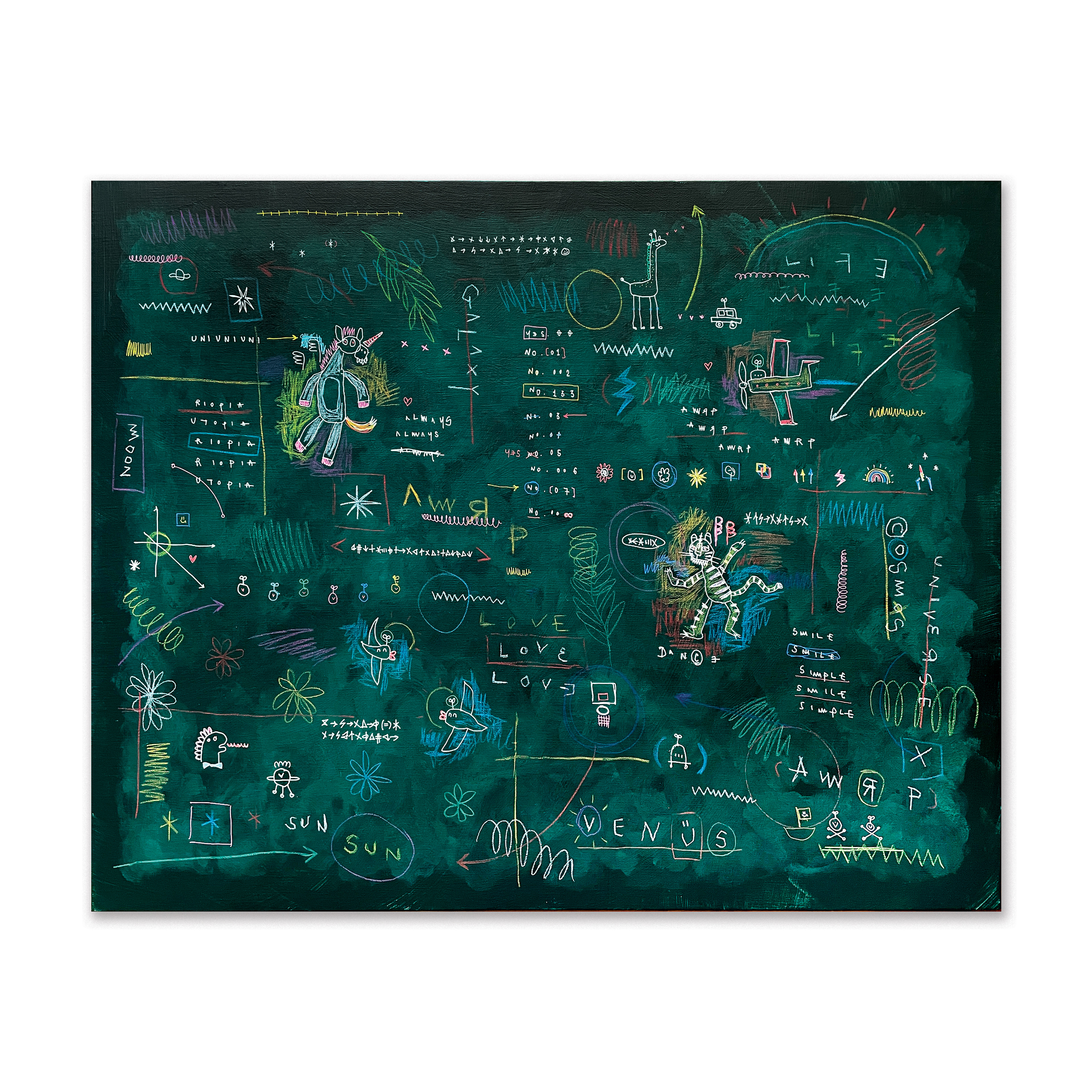 Childlike-Galaxy — Acrylic, acrylic marker, wax pastel on canvas. 80.3 x 100 cm. 2021.