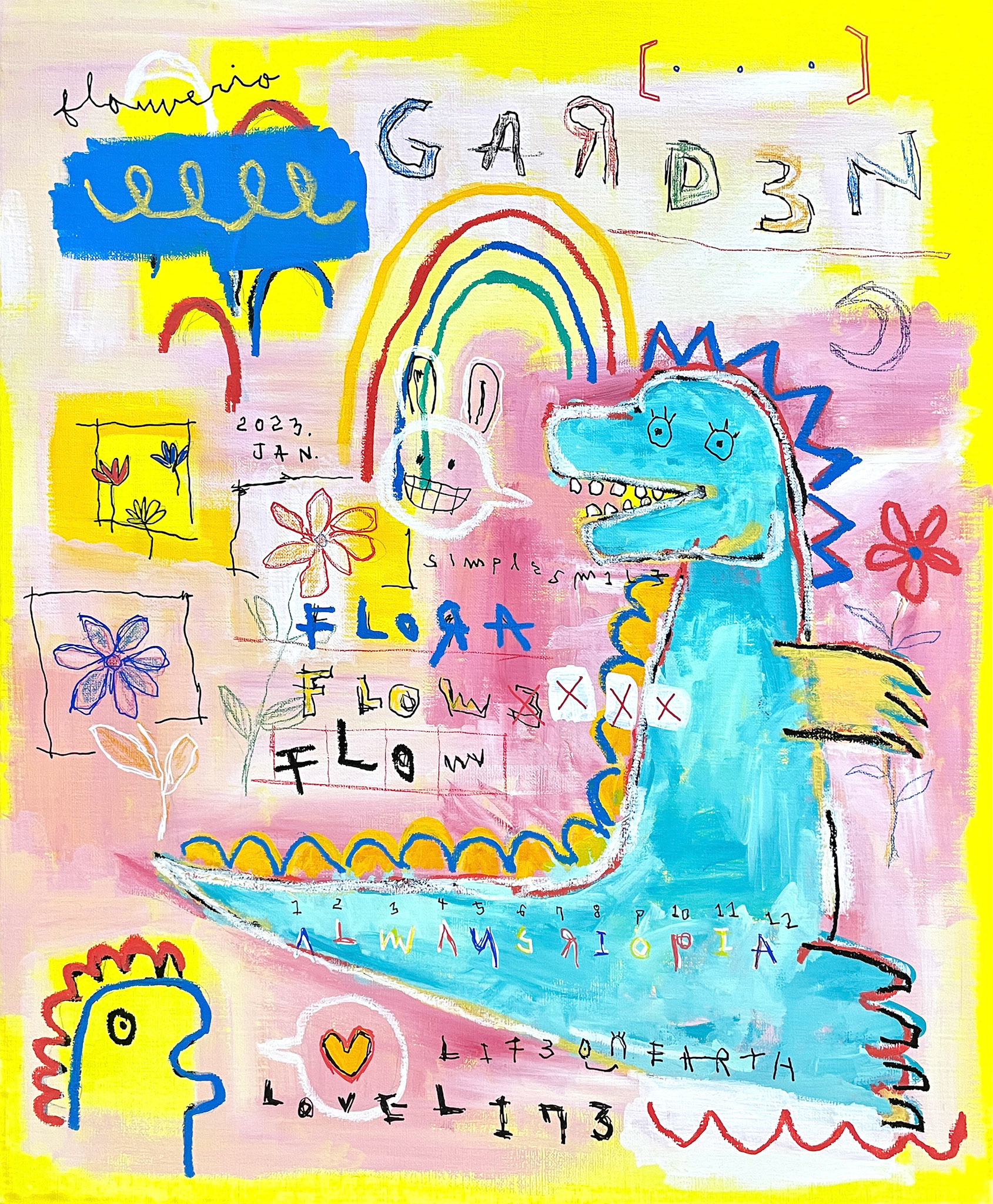[Flow Garden] 60.6 x 50.0 (12F) Acrylic, oil paint-stick, acrylic marker, wax pastel on canvas 2023