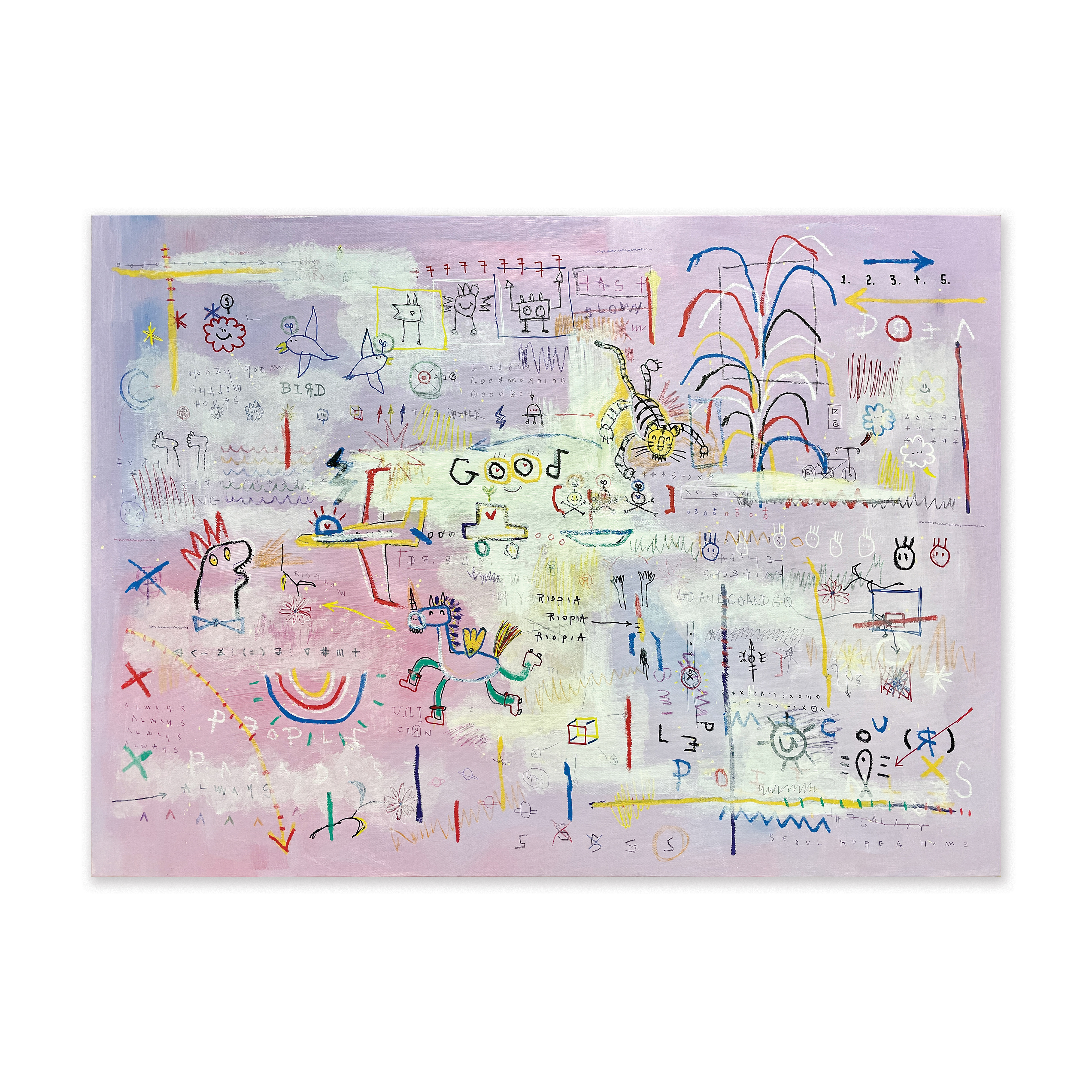 Good Friends — Acrylic, acrylic marker, solid paint marker, wax pastel, ball pen on canvas. 72.7 x 100 cm. 2021.