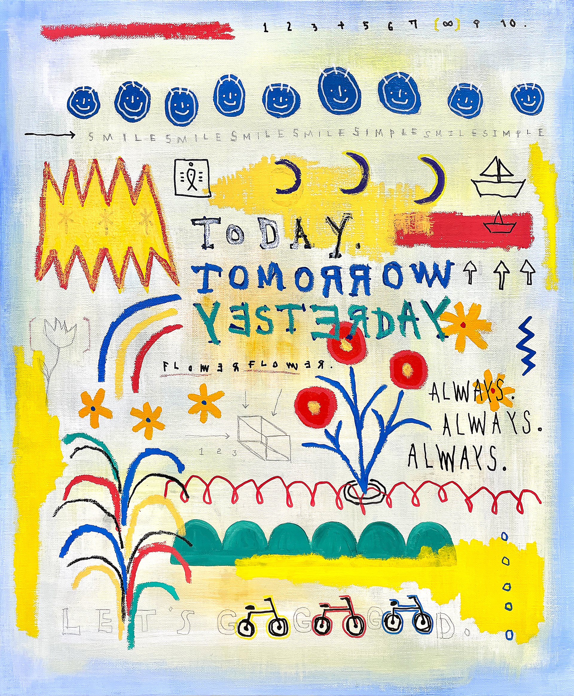 [TODAY TOMORROW YESTERDAY] 60.6 x 50 cm (12F) Acrylic, oil paint-stick, oil marker, wax pastel, pencil on canvas 2023