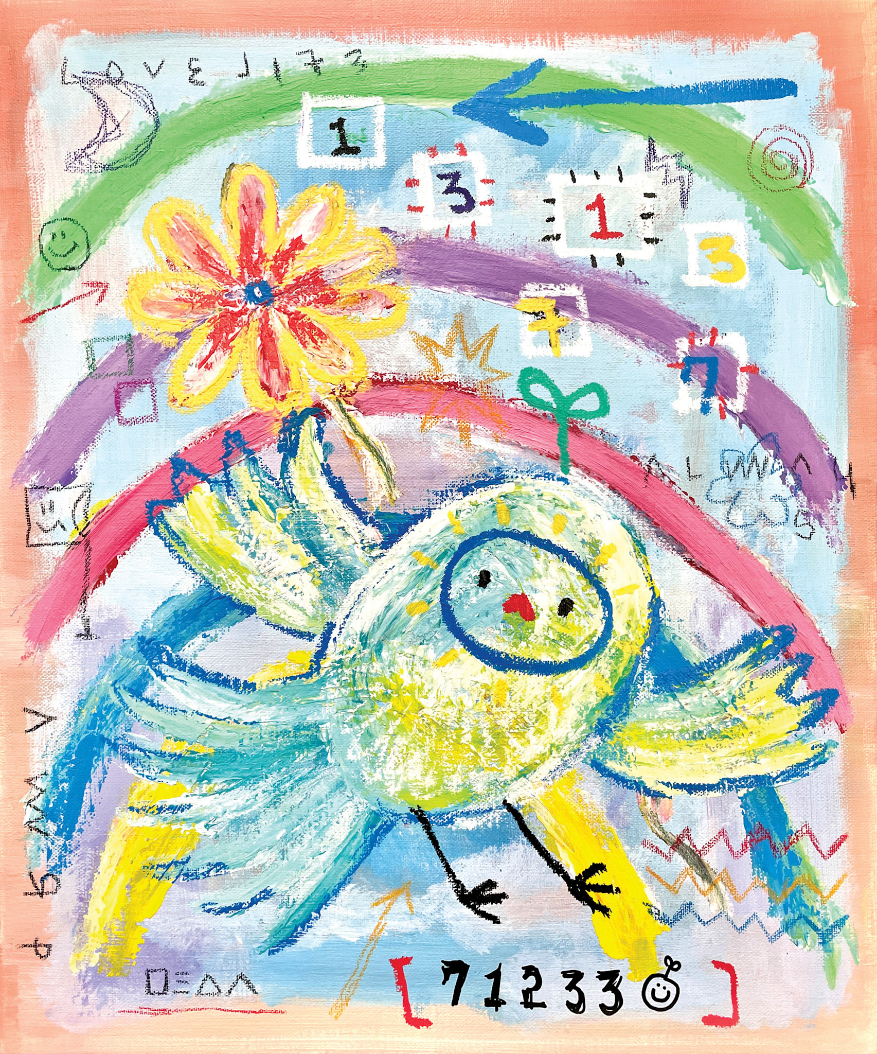 [꽃인사 (안녕 SEE U)] 45.5 x 37.9 cm (8F) Acrylic, oil paint-stick, acrylic marker, wax pastel on canvas 2022