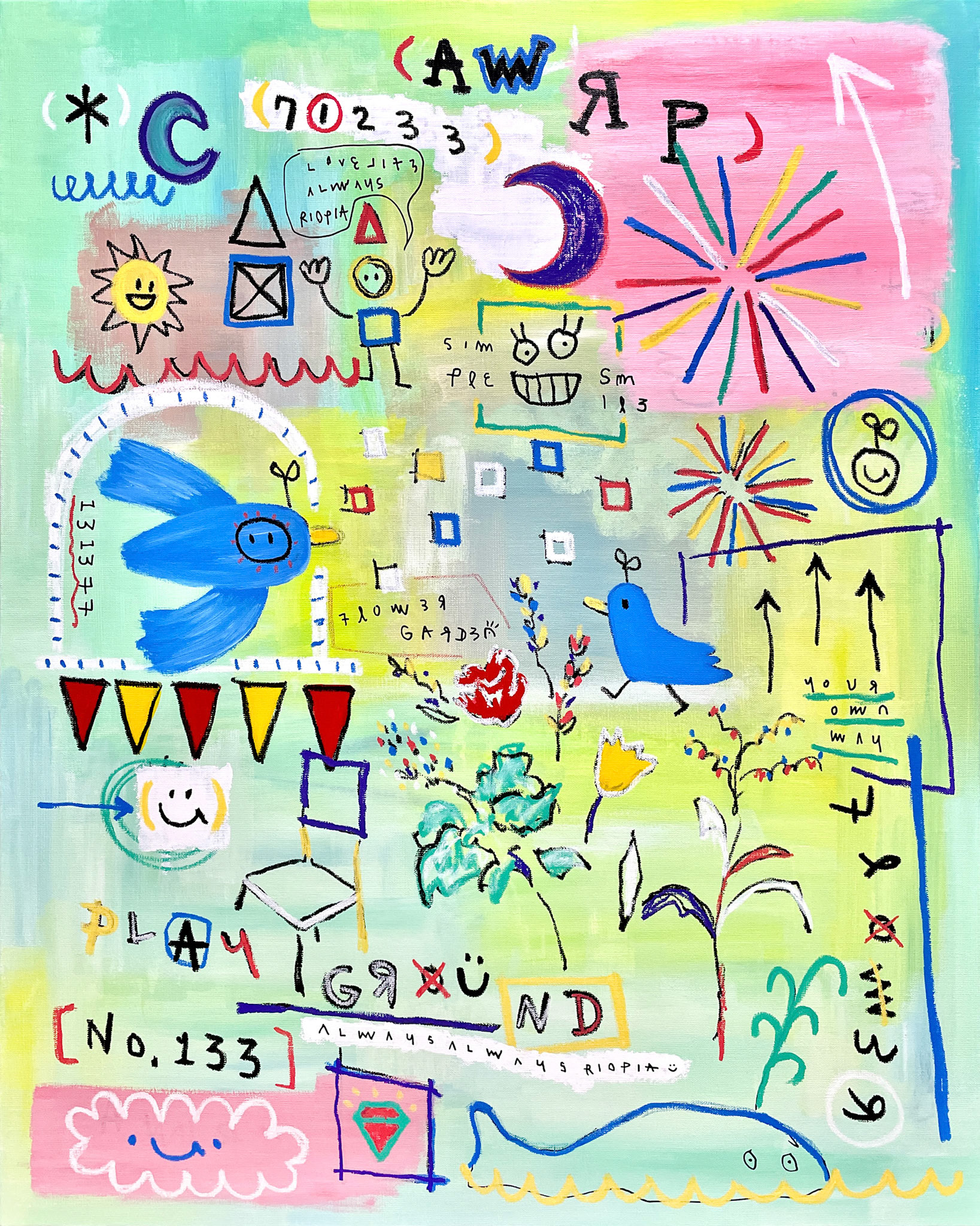 [AWRP Playground] 90.9 x 72.7 cm (30F) Acrylic, oil paint-stick, acrylic marker, wax pastel on canvas 2022