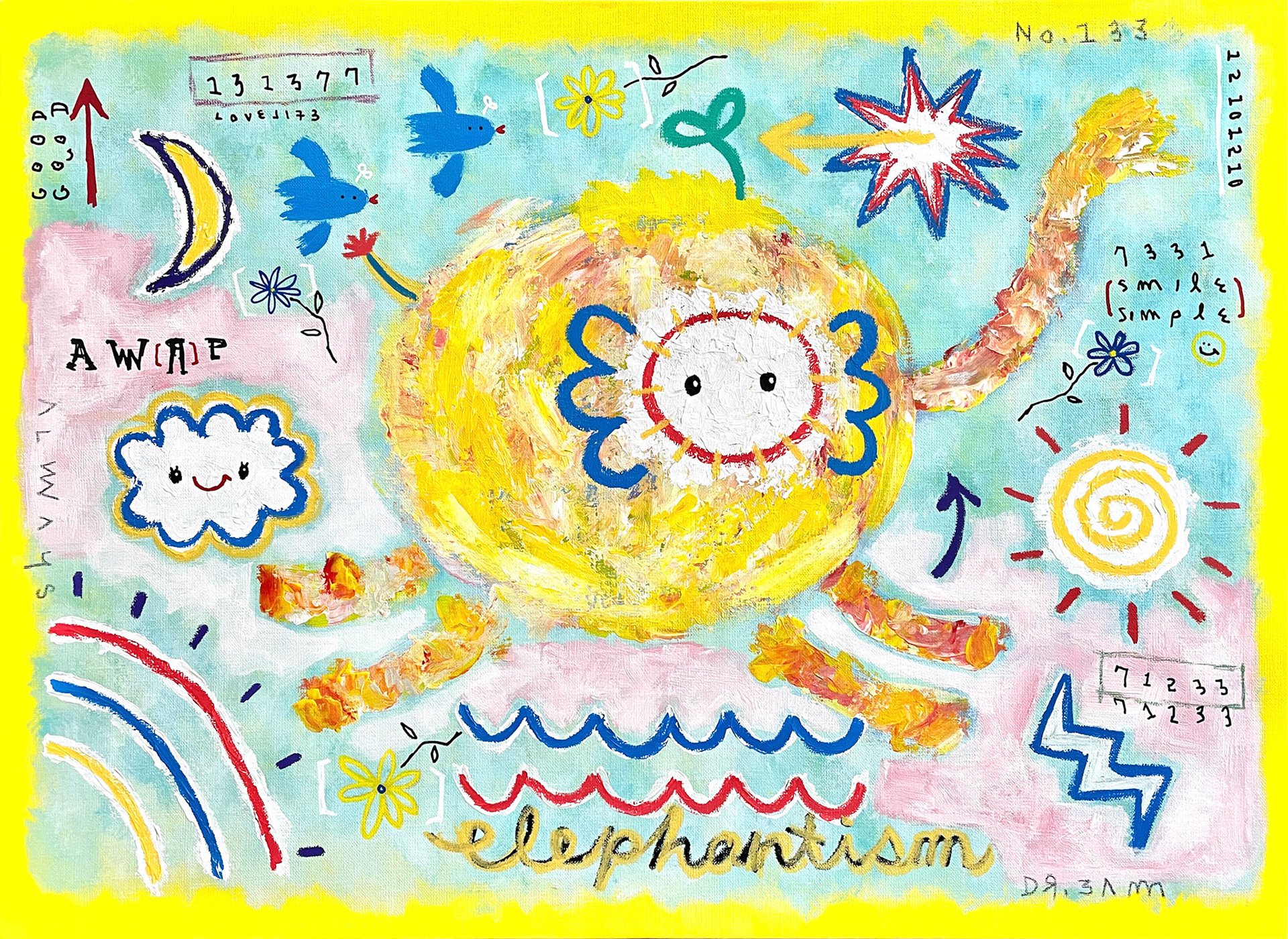 [노랑 코끼리는 코가 길지요] 53.0 x 72.7 cm (20P) Acrylic, oil paint-stick, acrylic marker, wax pastel on canvas 2022