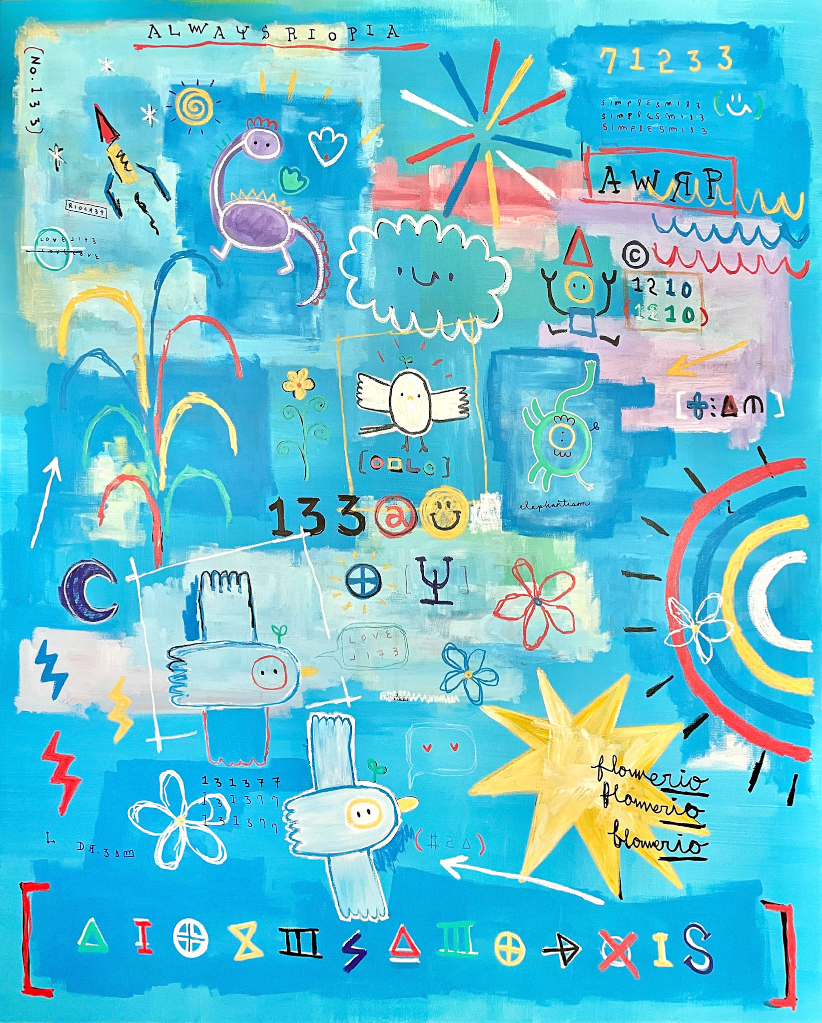 [SIMPLESMILE] 162.2 x 130.3 cm (100F) Acrylic, oil paint-stick, acrylic marker, wax pastel on canvas 2022