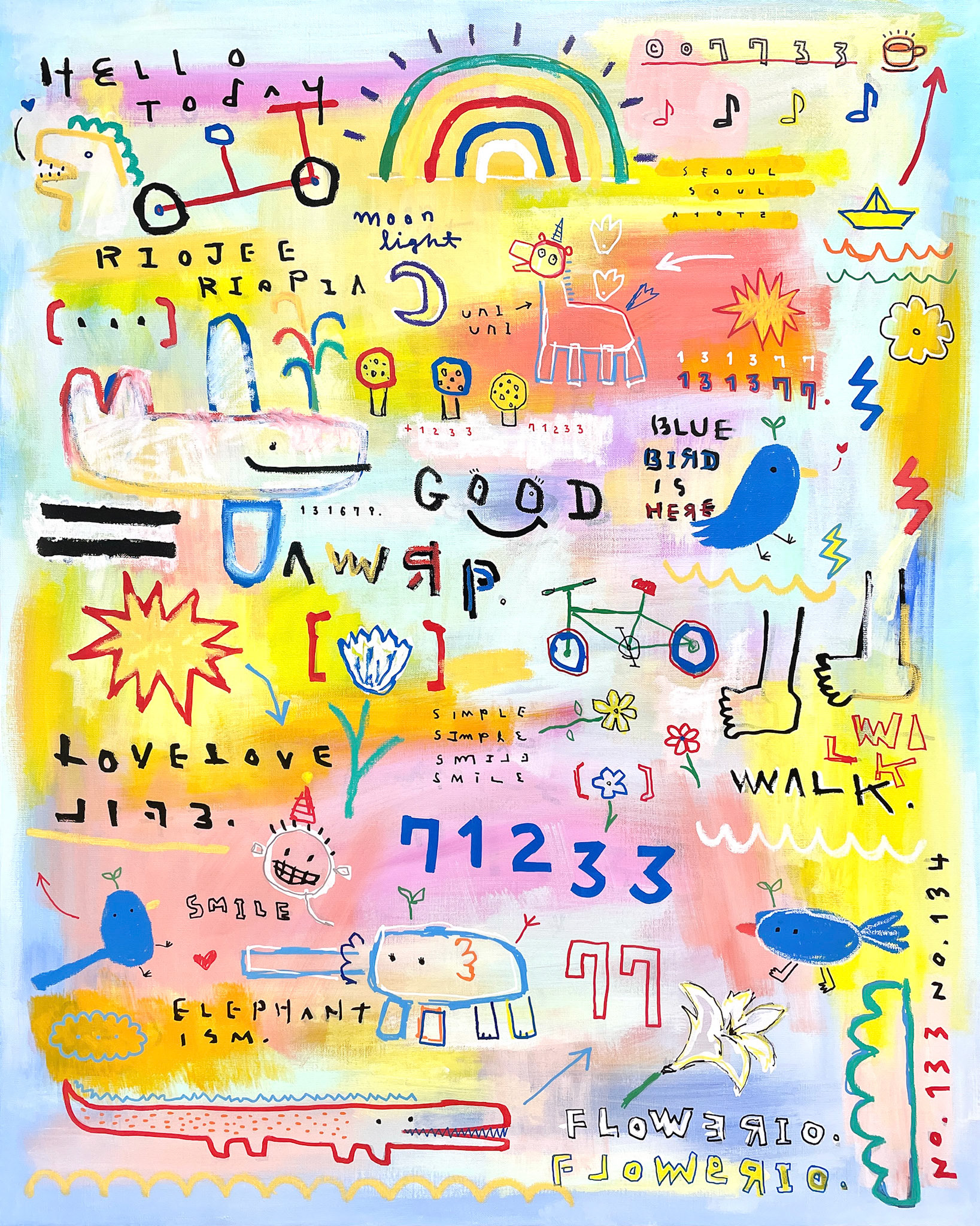 [HELLO TODAY] 90.9 x 72.7 cm (30F) Acrylic, oil paint-stick, oil marker on canvas 2023