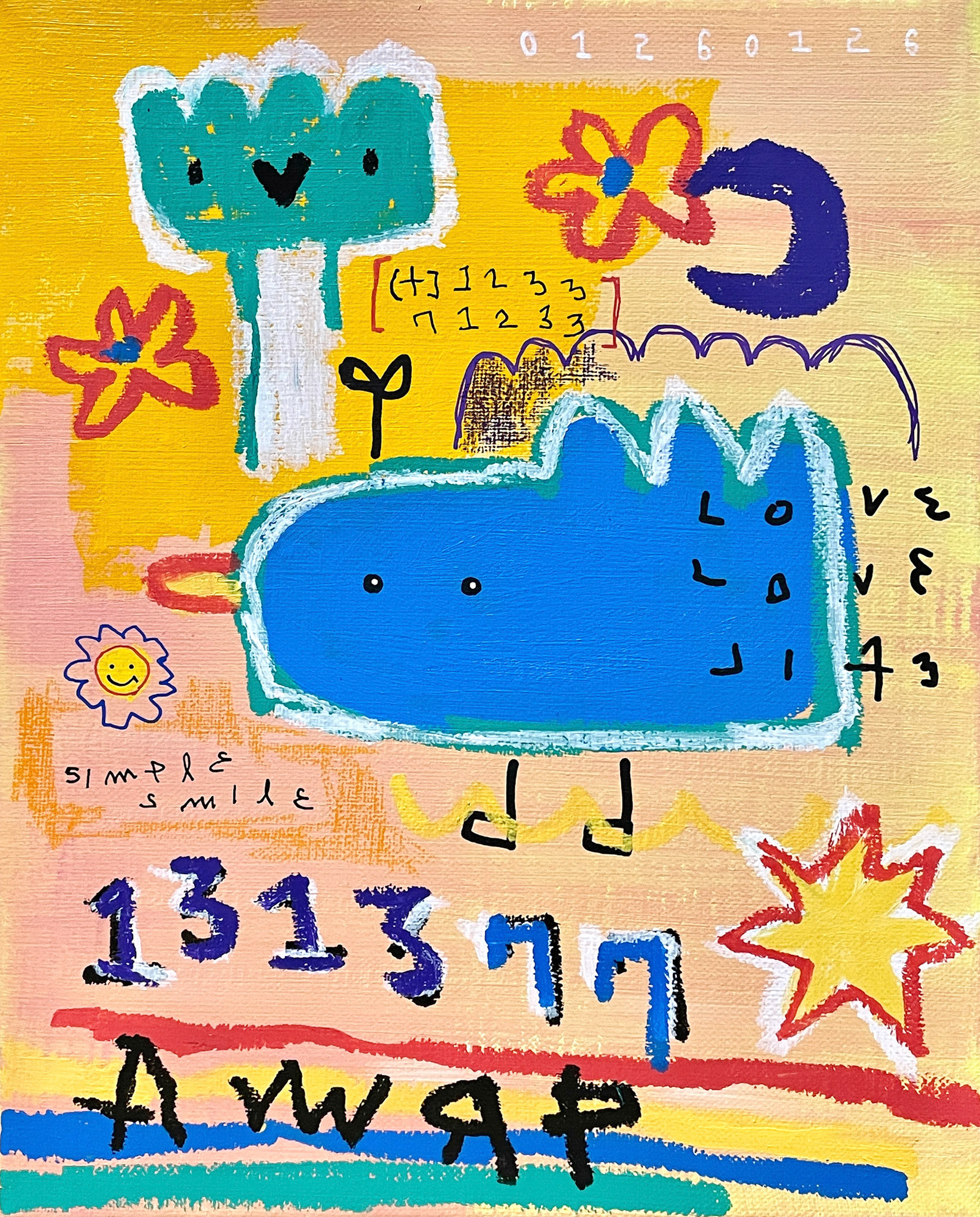 [파랑새1313 202208-1] 27.3 x 22.0 cm (3F) Acrylic, oil paint-stick, acrylic marker on canvas 2022