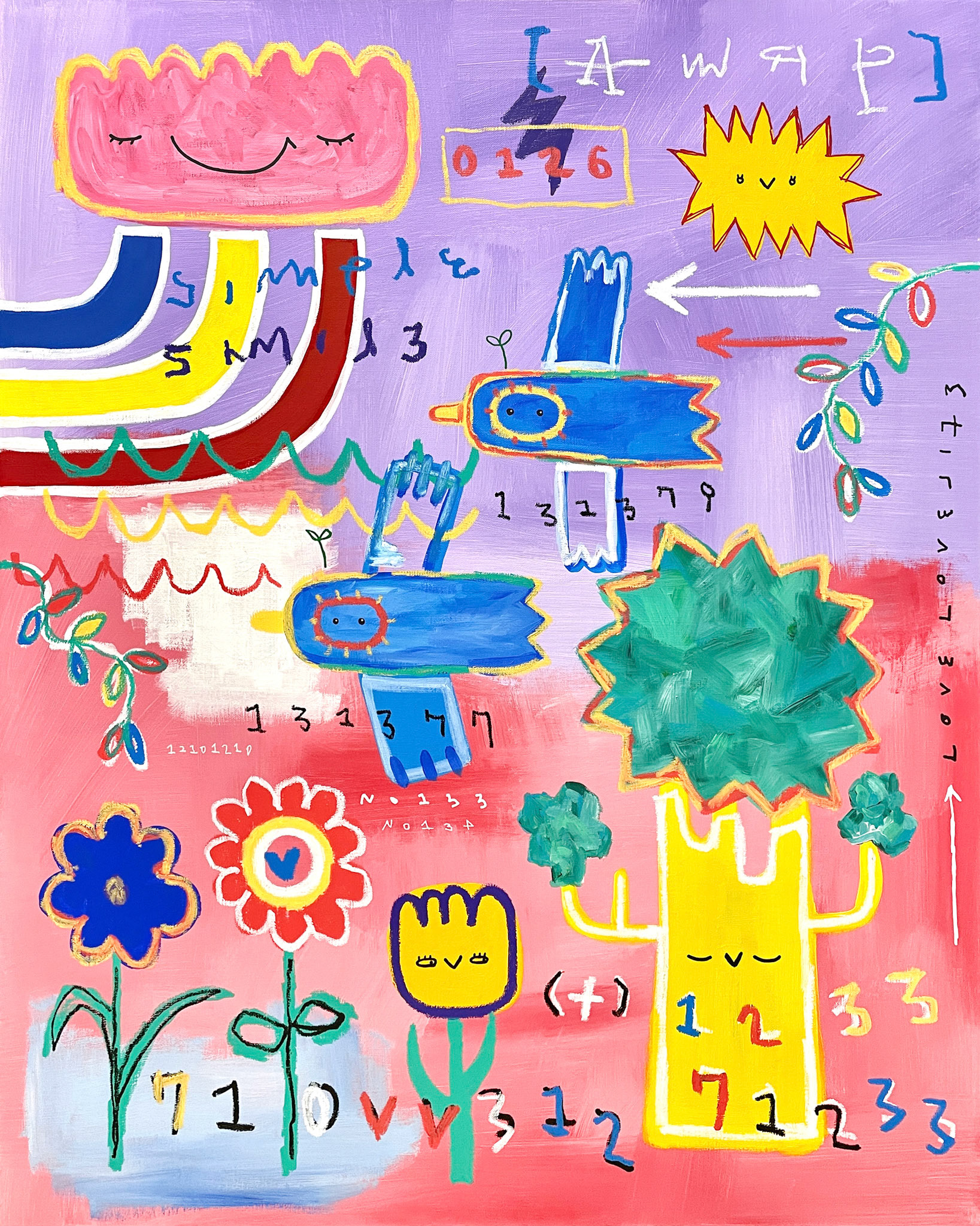 [나무와자유] 90.9 x 72.7 cm (30F) Acrylic, oil paint-stick, acrylic marker on canvas 2022