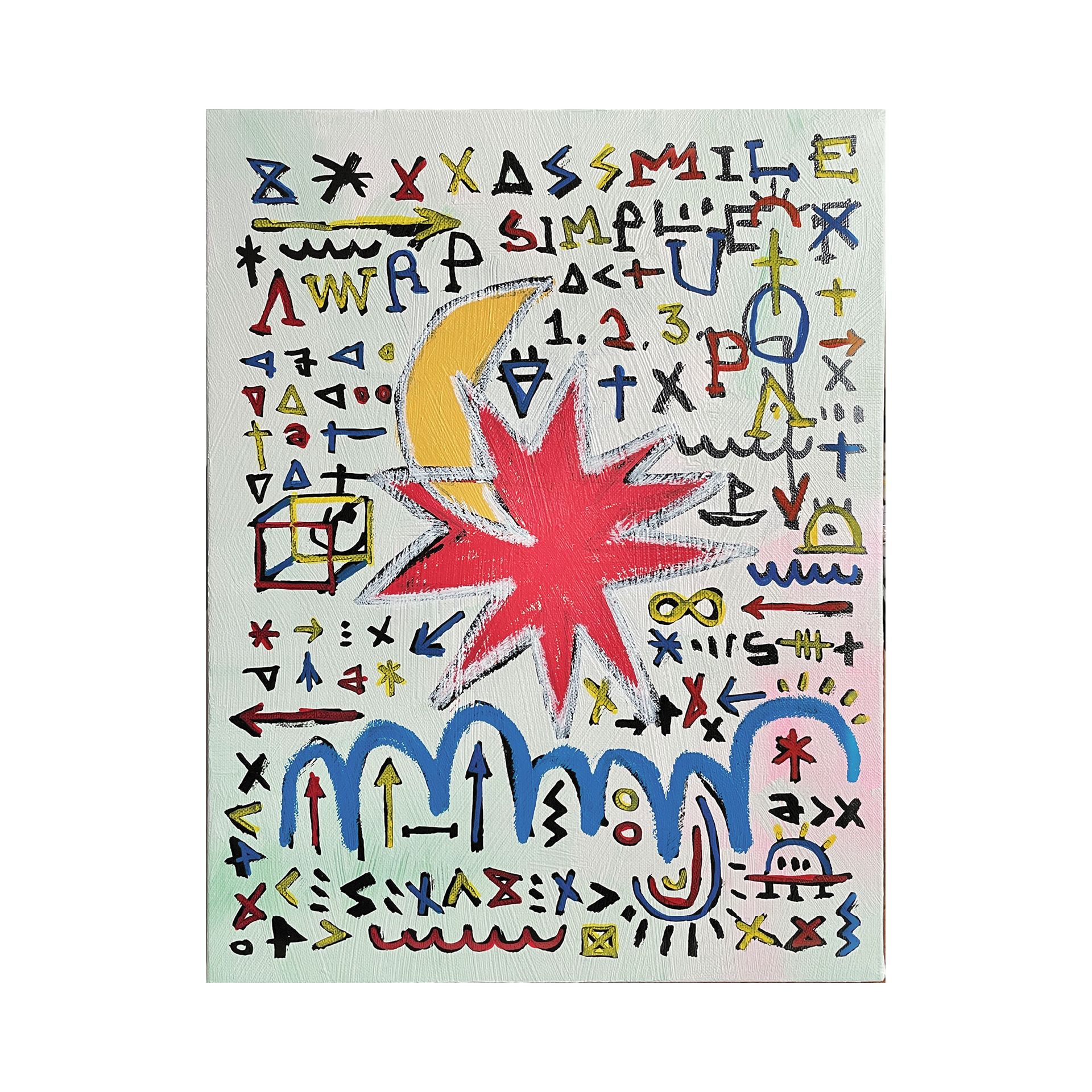 Yellow Moon and Red Star — Acrylic, acrylic marker, solid paint marker on canvas. 40.9 x 31.8 cm. 2021.