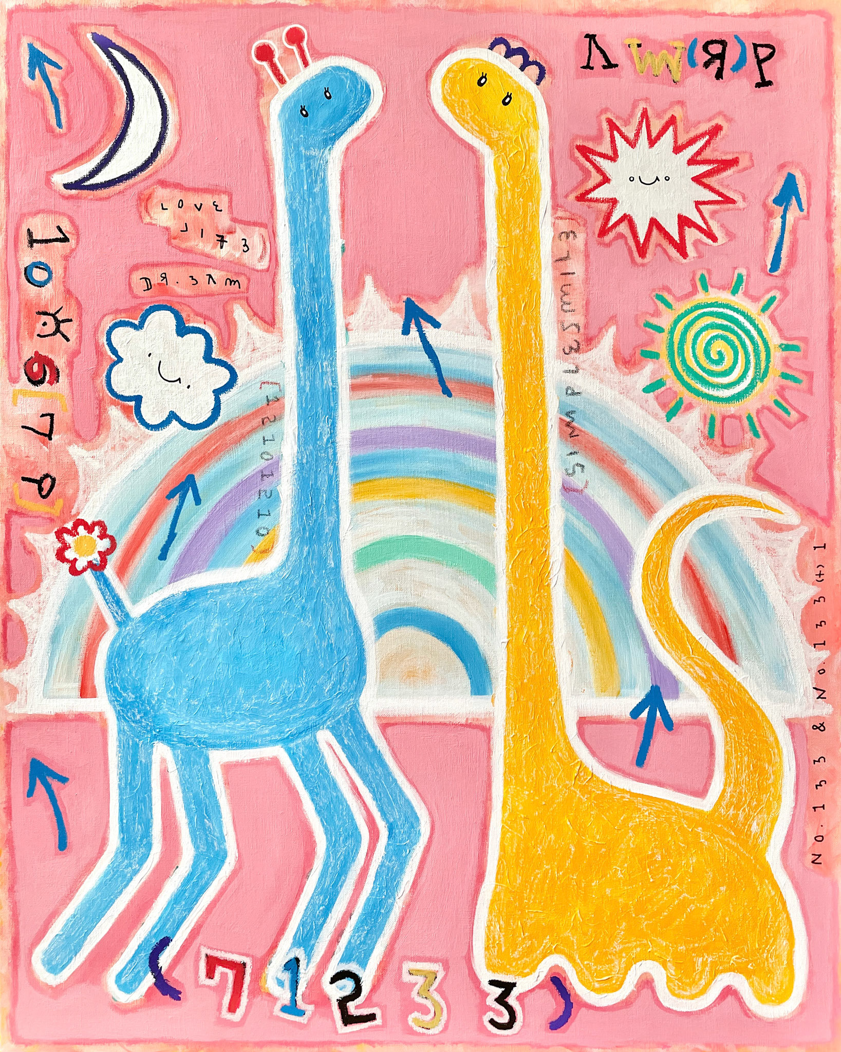 [도토리 키 재기] 90.9 x 72.7 cm (30F) Acrylic, oil paint-stick, acrylic marker, wax pastel on canvas 2022