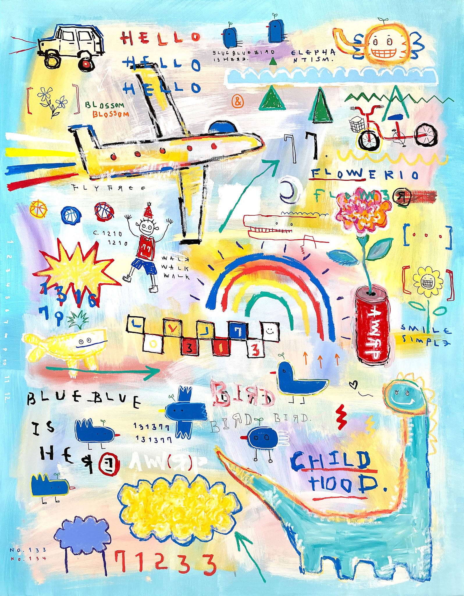 [77CHILDHOOD] 116.8 x 91 cm (50F) Acrylic, oil paint-stick, oil marker on canvas 2023