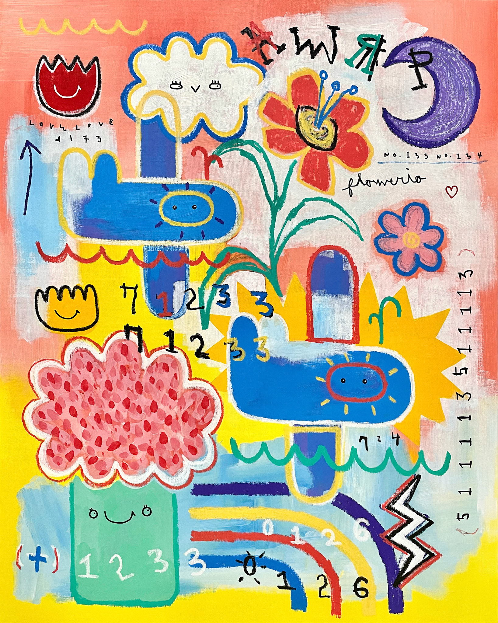 [비행고래꽃나무] 90.9 x 72.7 cm (30F) Acrylic, oil paint-stick, acrylic marker, wax pastel on canvas 2022