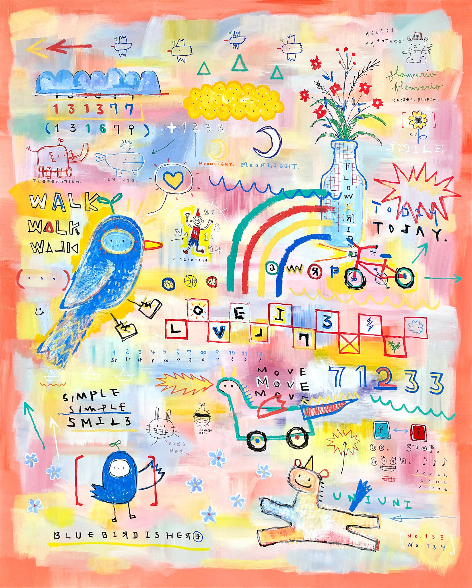 [LOVELI73] 162.2 x 130.3 cm (100F) Acrylic, oil paint-stick, oil marker on canvas 2023