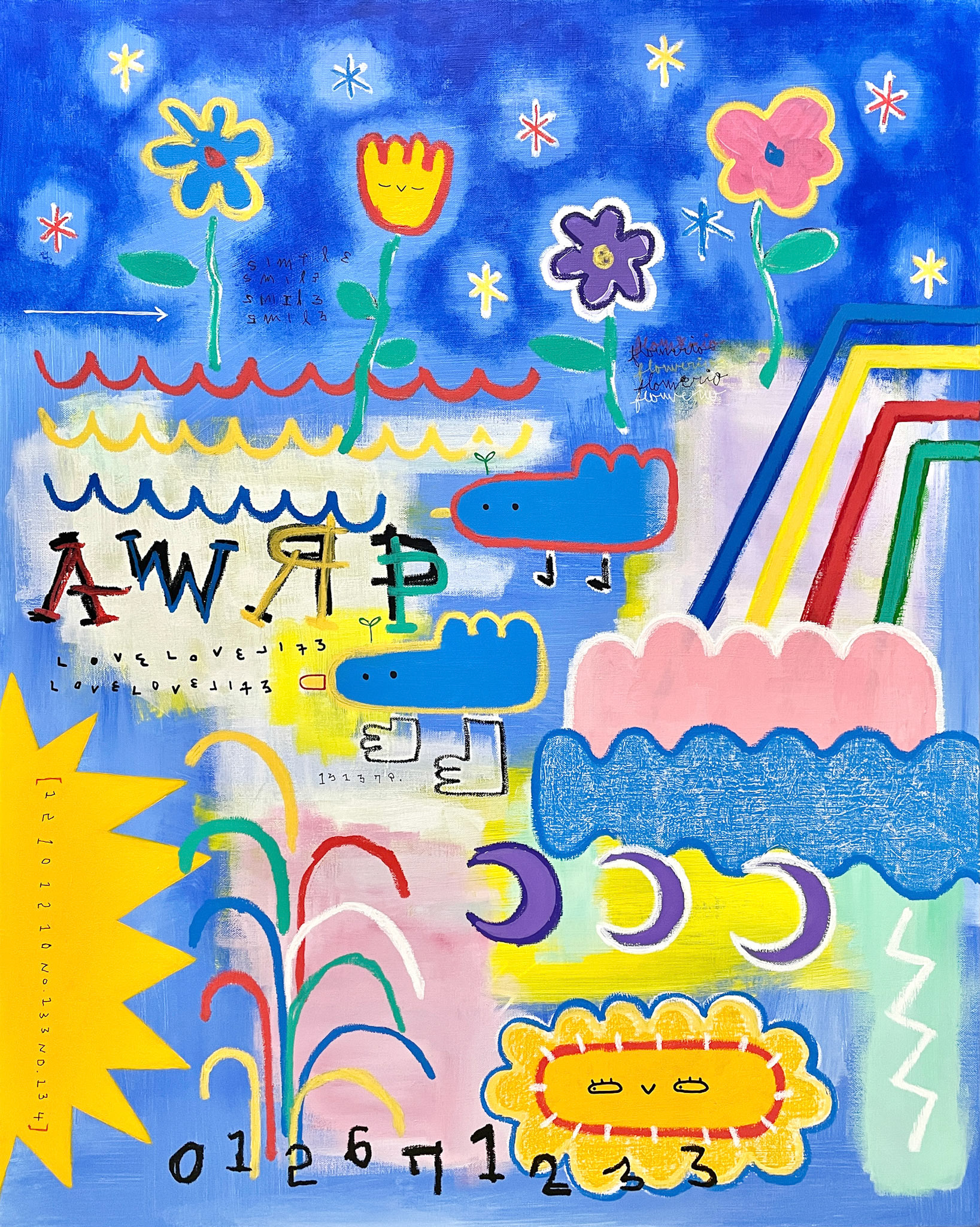 [밤하늘꽃피다] 90.9 x 72.7 cm (30F) Acrylic, oil paint-stick, acrylic marker on canvas 2022