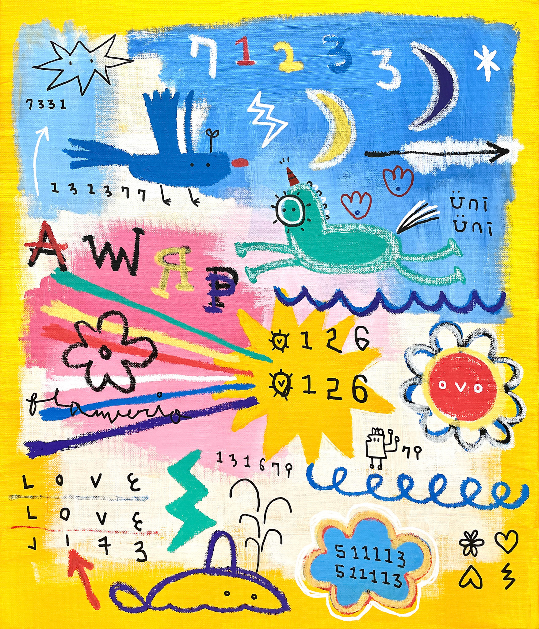 [여름방학2022-3] 53.0 x 45.5 cm (10F) Acrylic, oil paint-stick, acrylic marker, wax pastel on canvas 2022