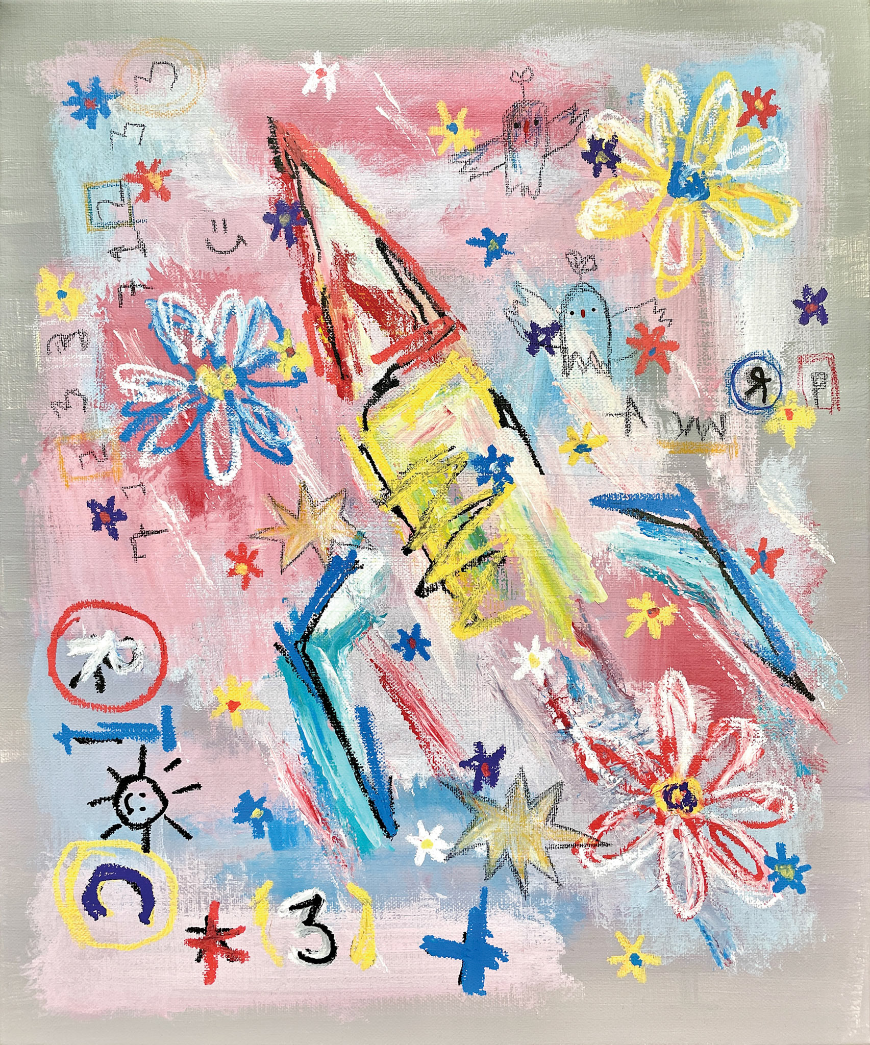 [RIOCKET 71233] 45.5 x 37.9 cm (8F) Acrylic, oil paint-stick, acrylic marker, wax pastel on canvas 2022
