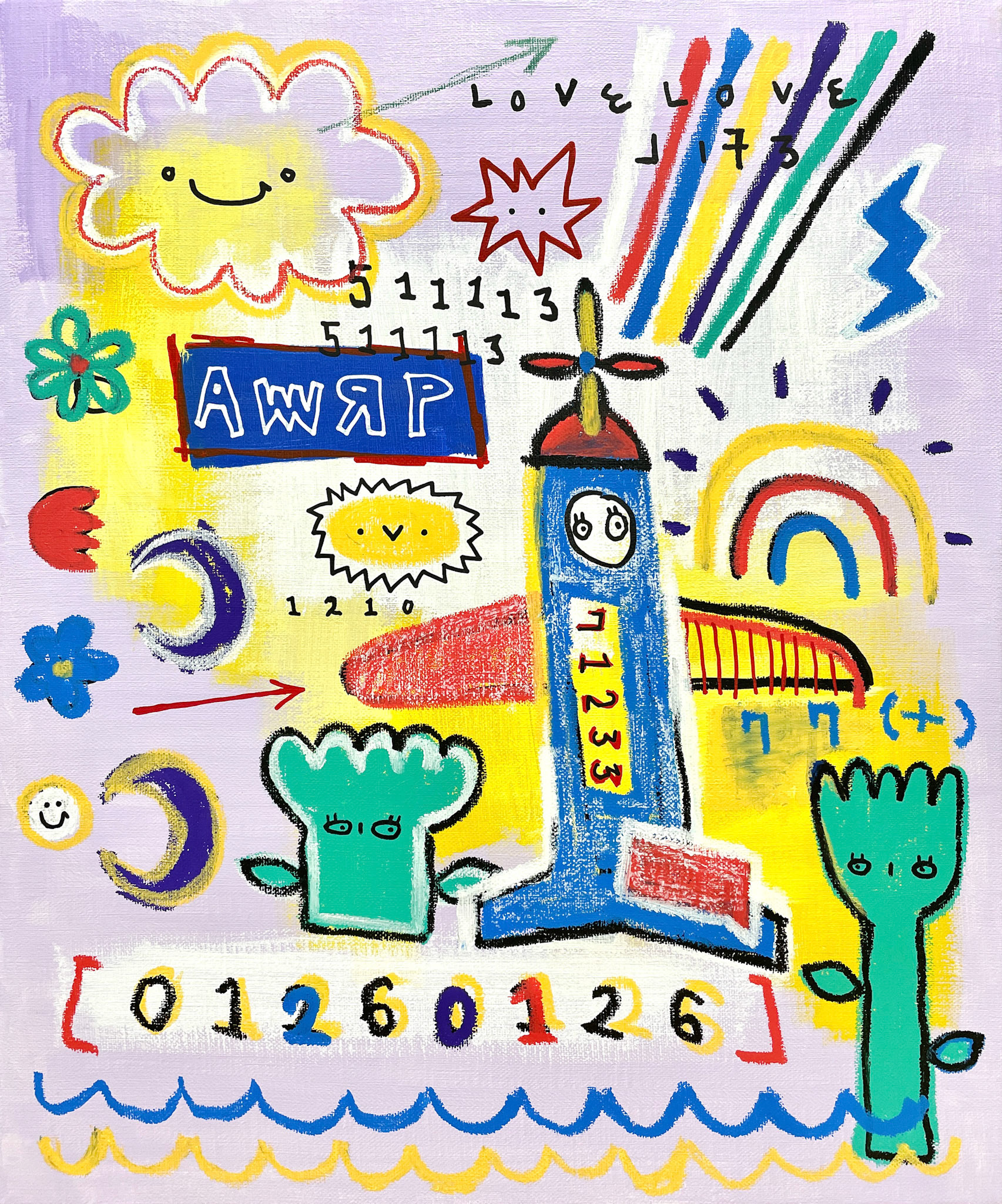 [무지개 비행] 45.5 x 37.9 cm (8F) Acrylic, oil paint-stick, acrylic marker, wax pastel on canvas 2022