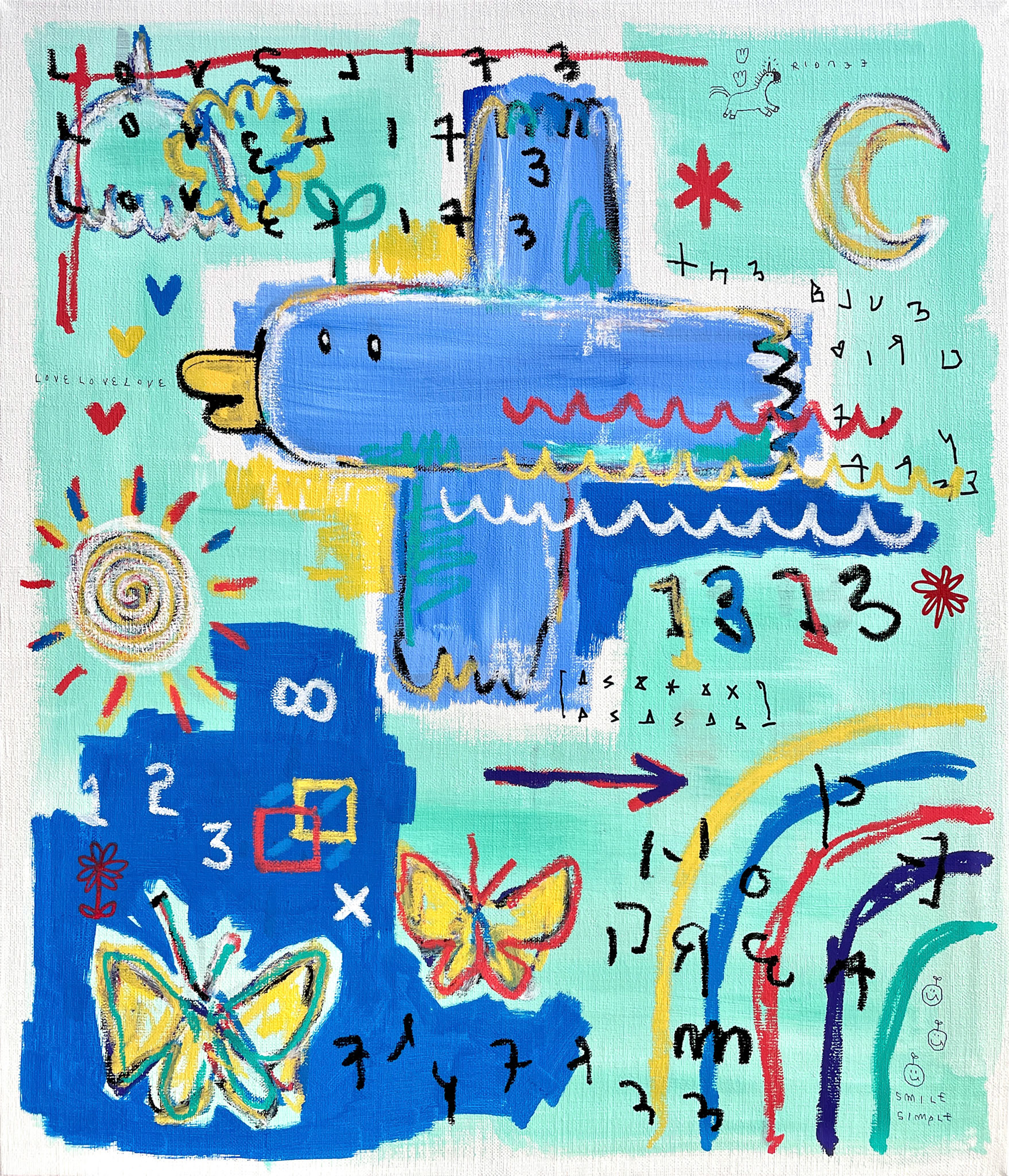[The Blue Bird Fly Free] 53 x 45.5 cm (10F) Acrylic, oil paint-stick, acrylic-marker, ball pen on canvas 2022
