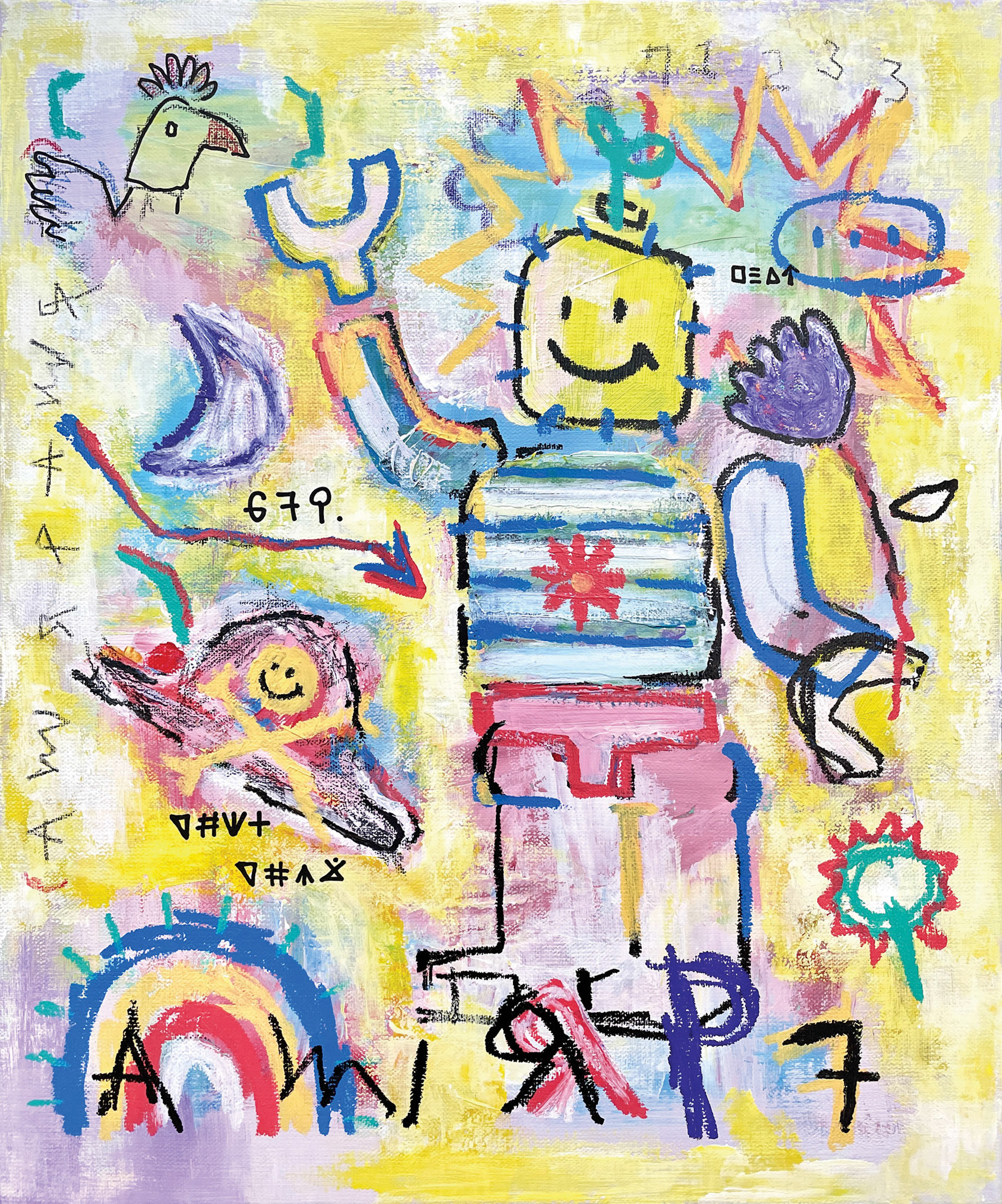 [꽃을 든 미소] 45.5 x 37.9 cm (8F) Acrylic, oil paint-stick, acrylic marker, wax pastel on canvas 2022