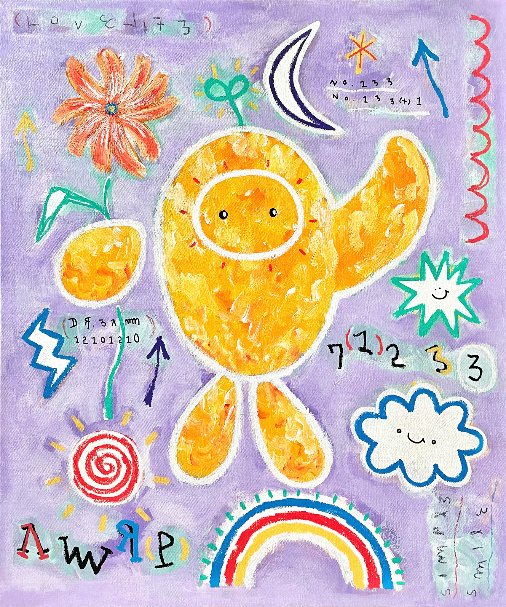 [꽃인사(Welcome)] 72.7 x 60.6 cm (20F) Acrylic, oil paint-stick, acrylic marker, wax pastel on canvas 2022