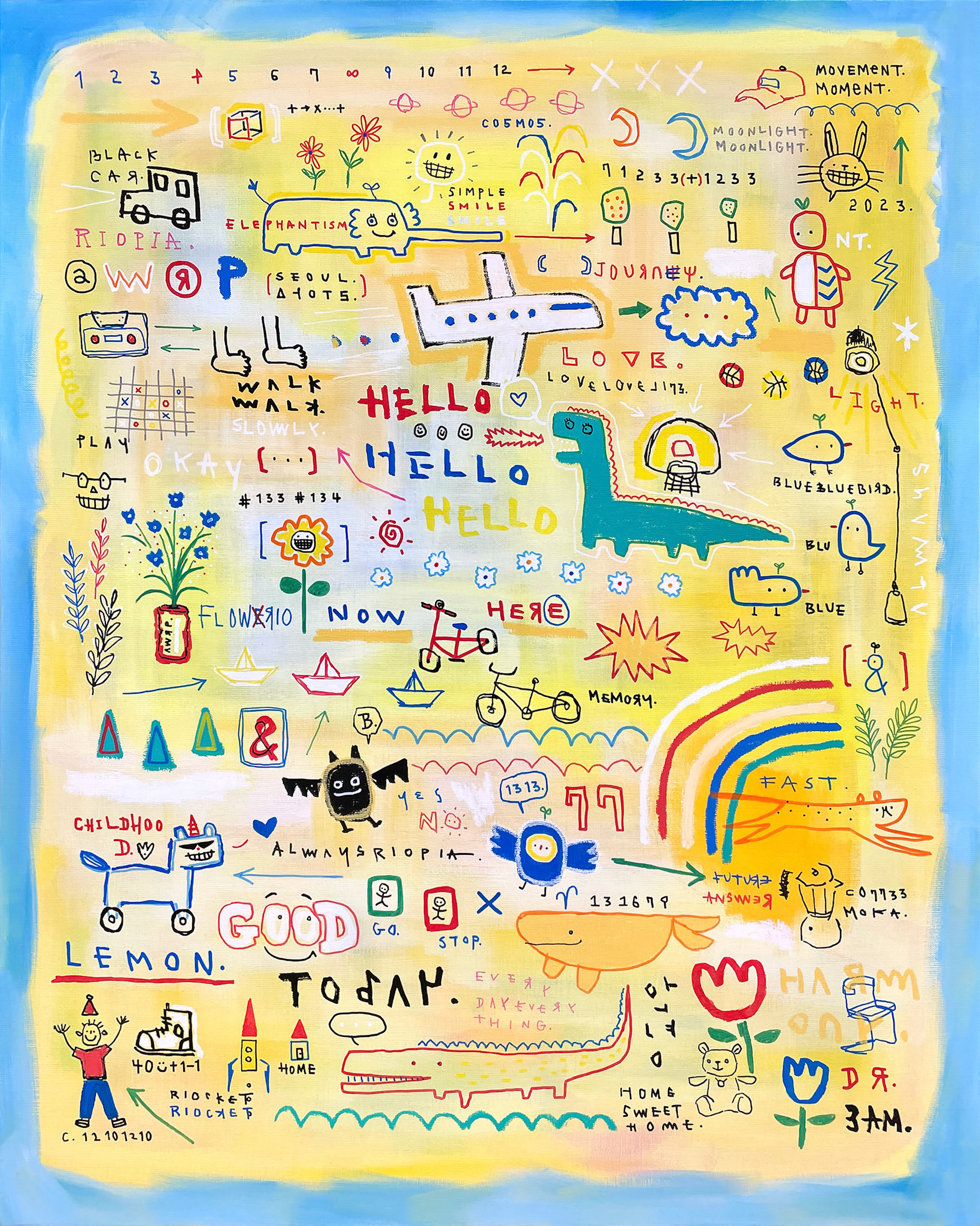 [RIOPIA COLLECTION - HELLO] 90.9 x 72.7 cm (30F) Acrylic, oil paint-stick, oil marker on canvas 2023