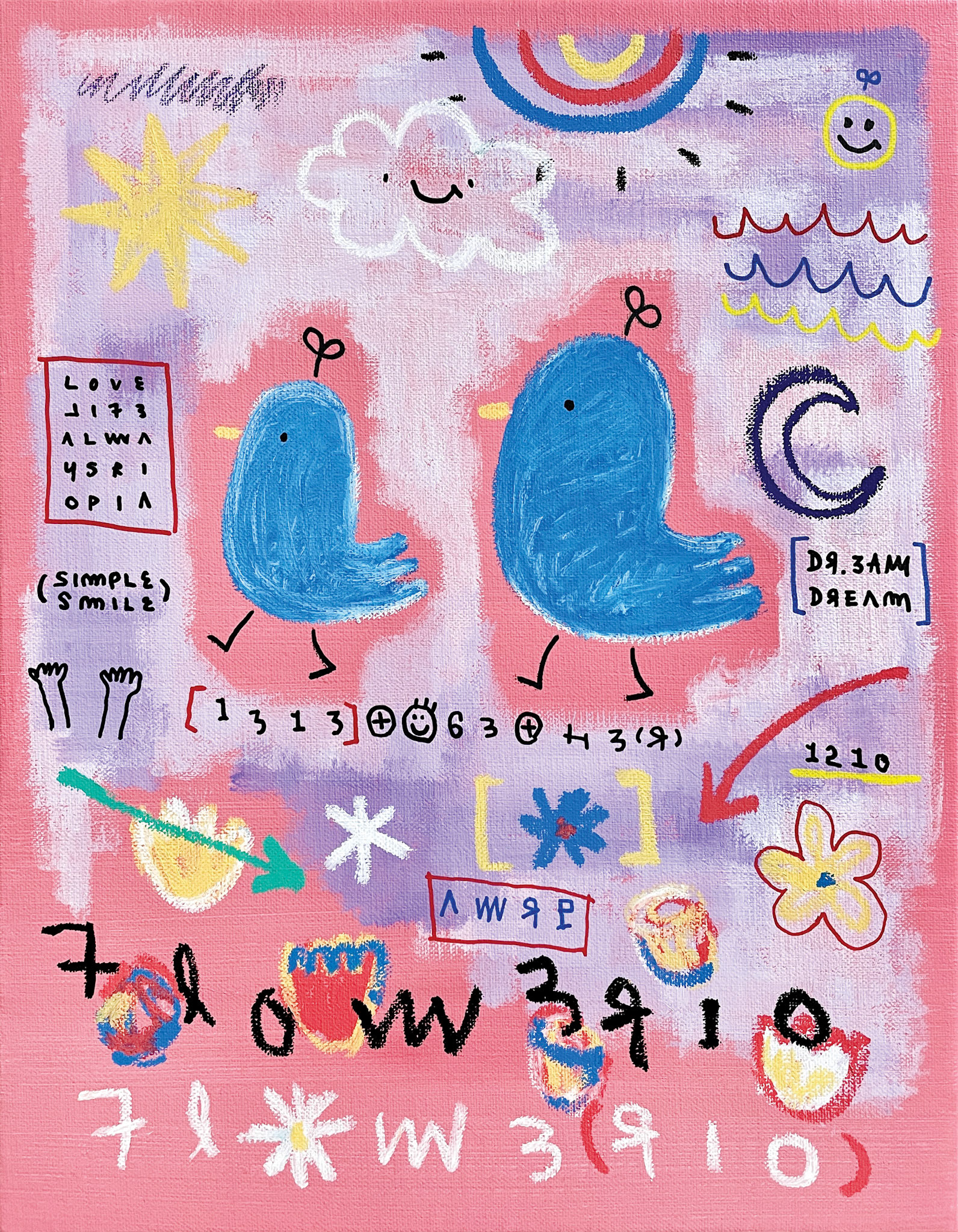 [1313 Flowerio] 40.9 x 31.8 cm (6F) Acrylic, oil paint-stick, acrylic marker, wax pastel on canvas 2022