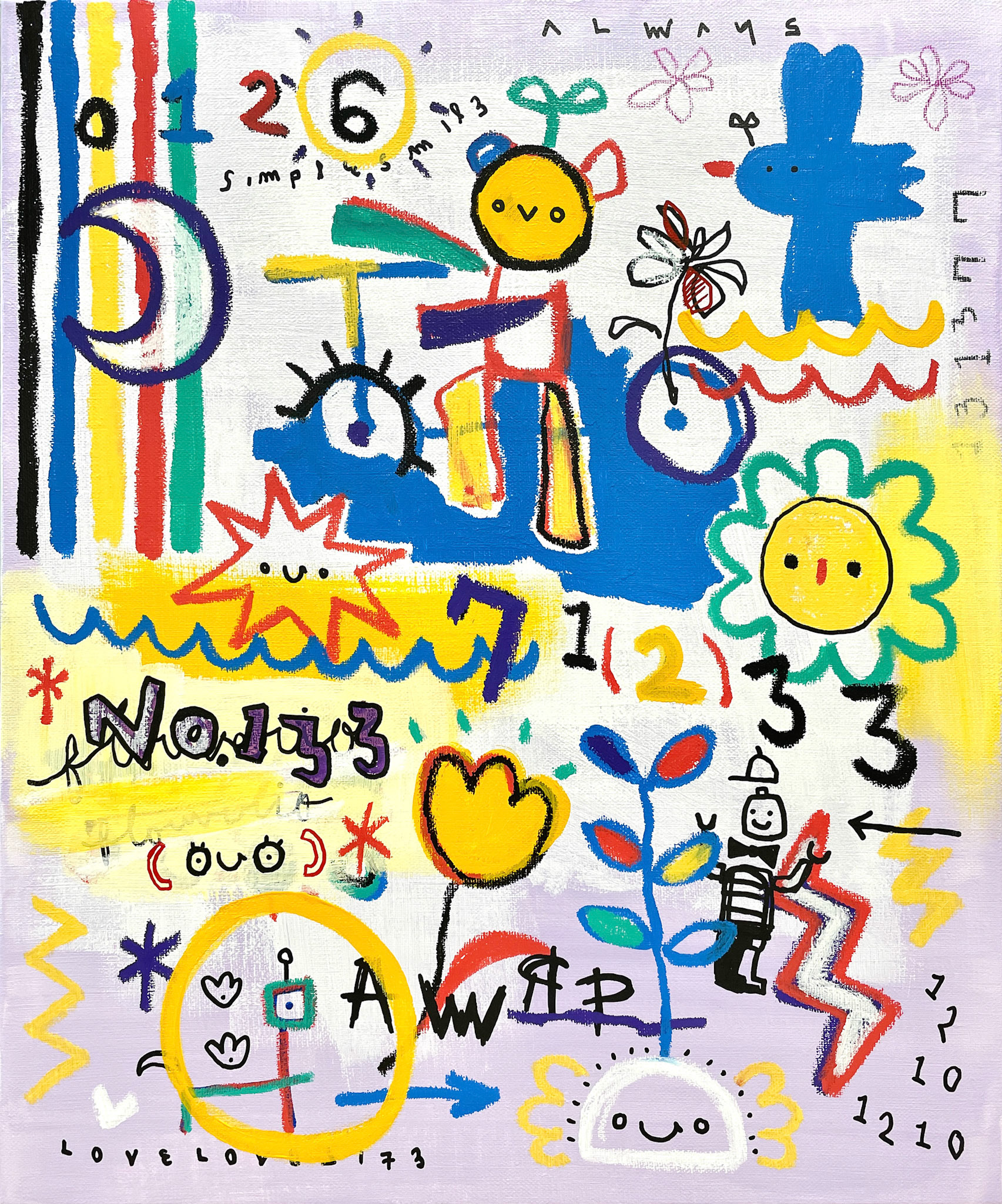 [자전거 산책] 45.5 x 37.9 cm (8F) Acrylic, oil paint-stick, acrylic marker, wax pastel on canvas 2022