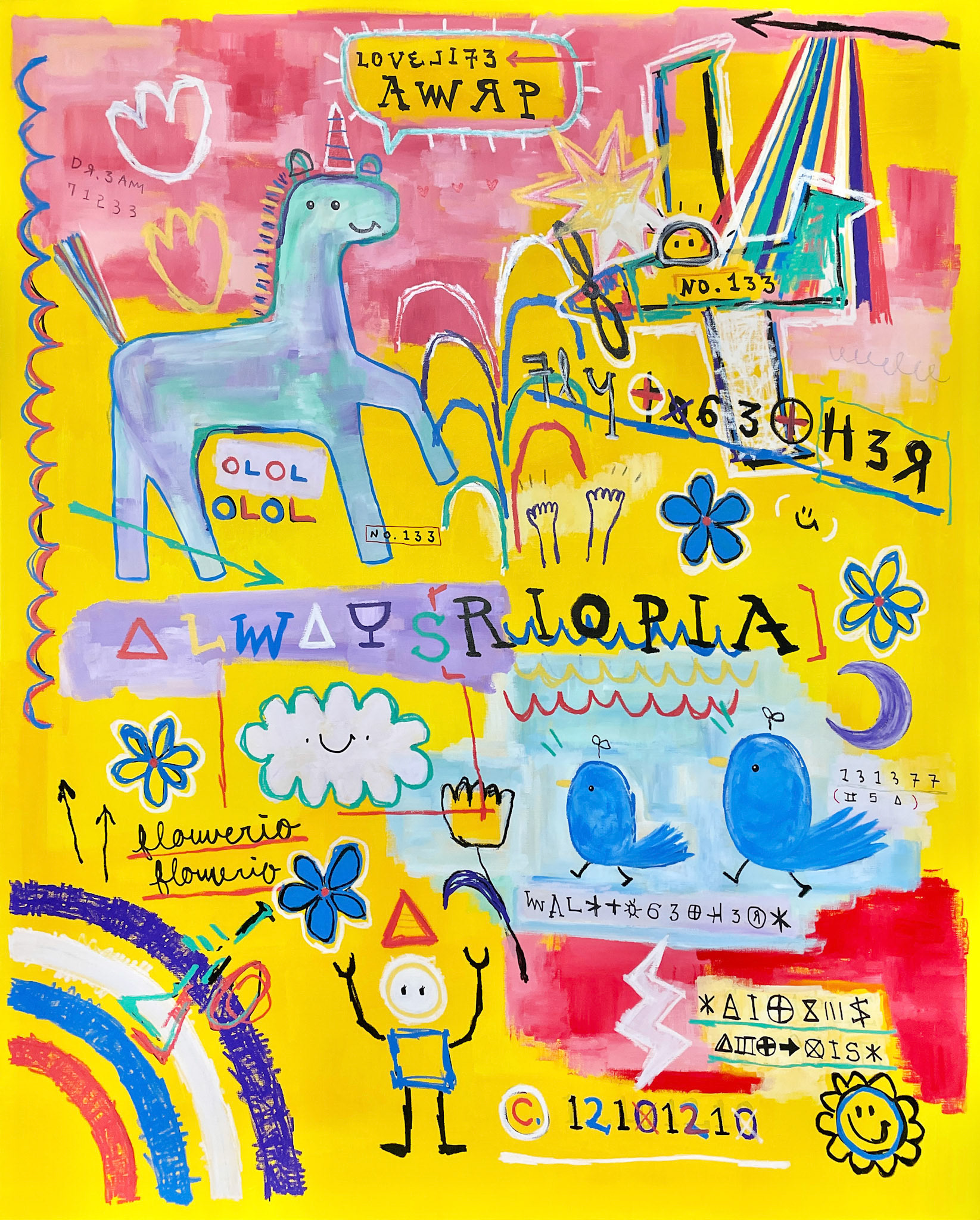 [AWRP+063+H3R] 162.2 x 130.3 cm (100F) Acrylic, oil paint-stick, acrylic marker, wax pastel on canvas 2022