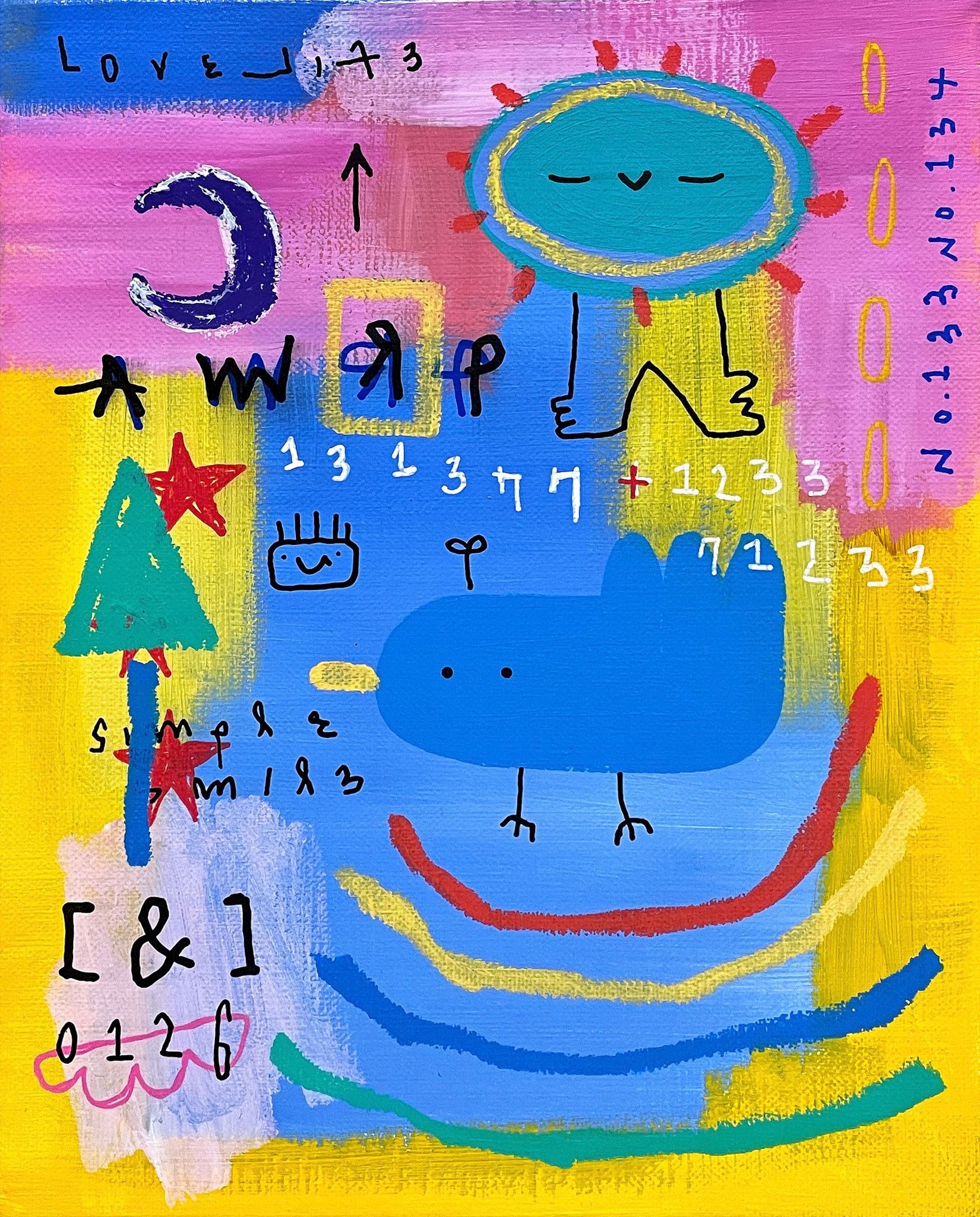 [미소나무와 파랑새-2] 27.3 x 22.0 cm (3F) Acrylic, oil paint-stick, acrylic marker on canvas 2022