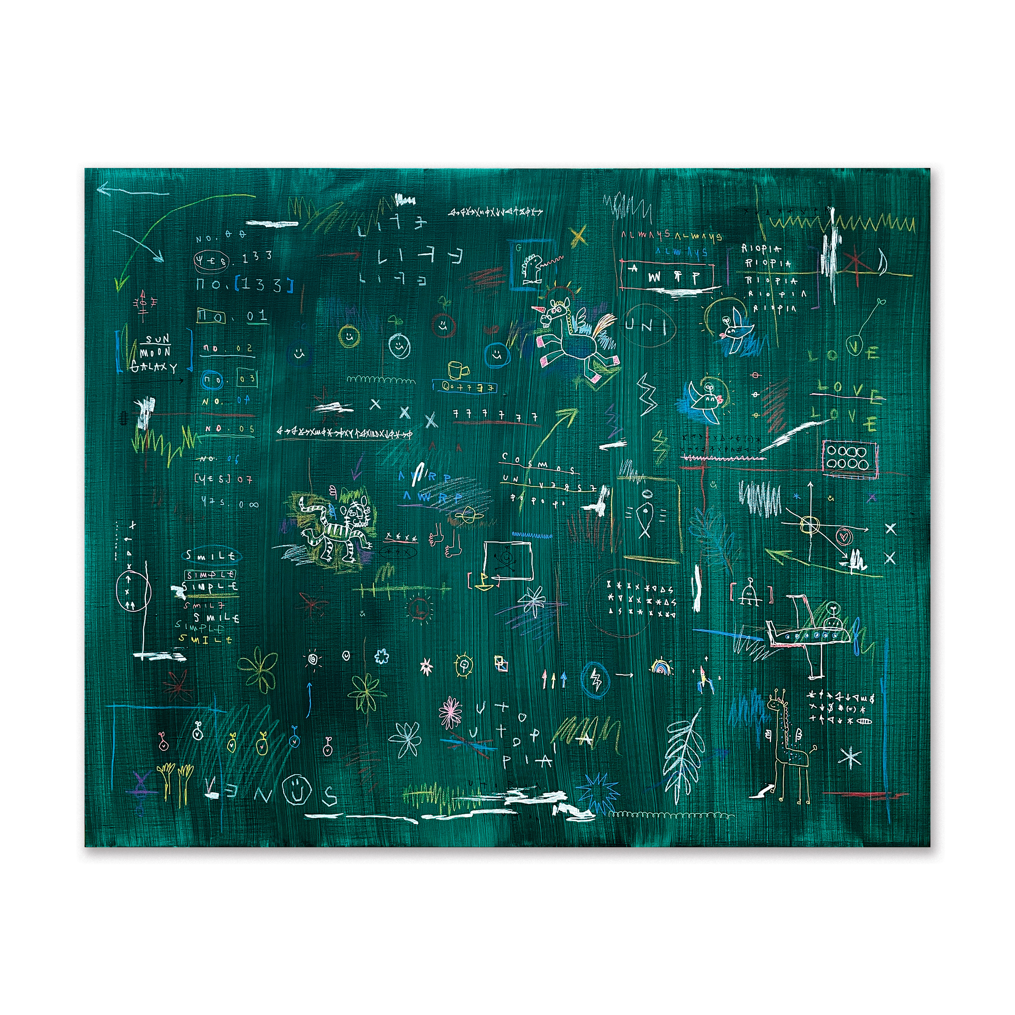 Childlike-Life — Acrylic, acrylic marker, wax pastel on canvas. 80.3 x 100 cm. 2021.