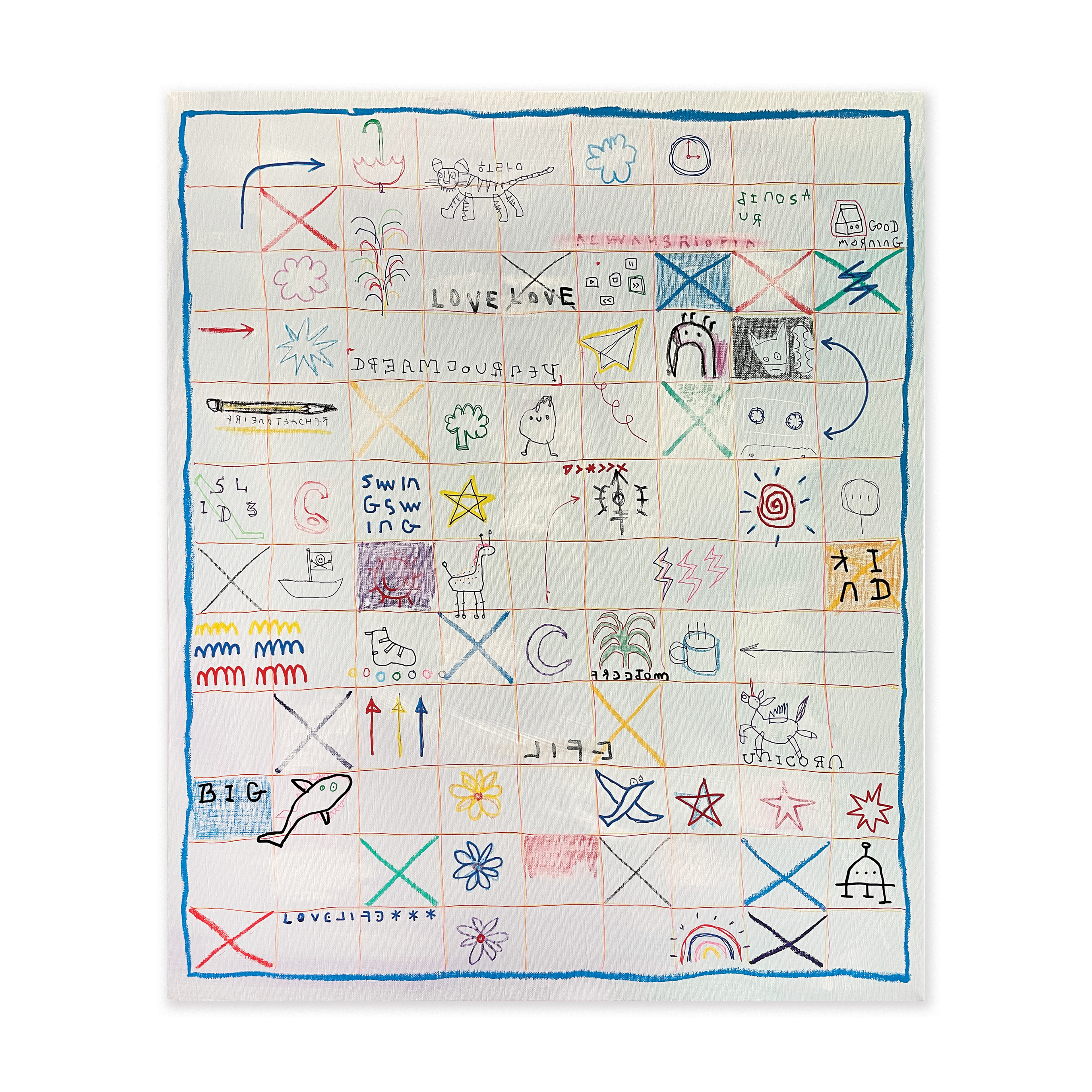 RIOPIA Table - Unicorn — Acrylic, acrylic marker, solid paint marker, wax pastel, ball pen on canvas. 72.7 x 60.6 cm. 2021.