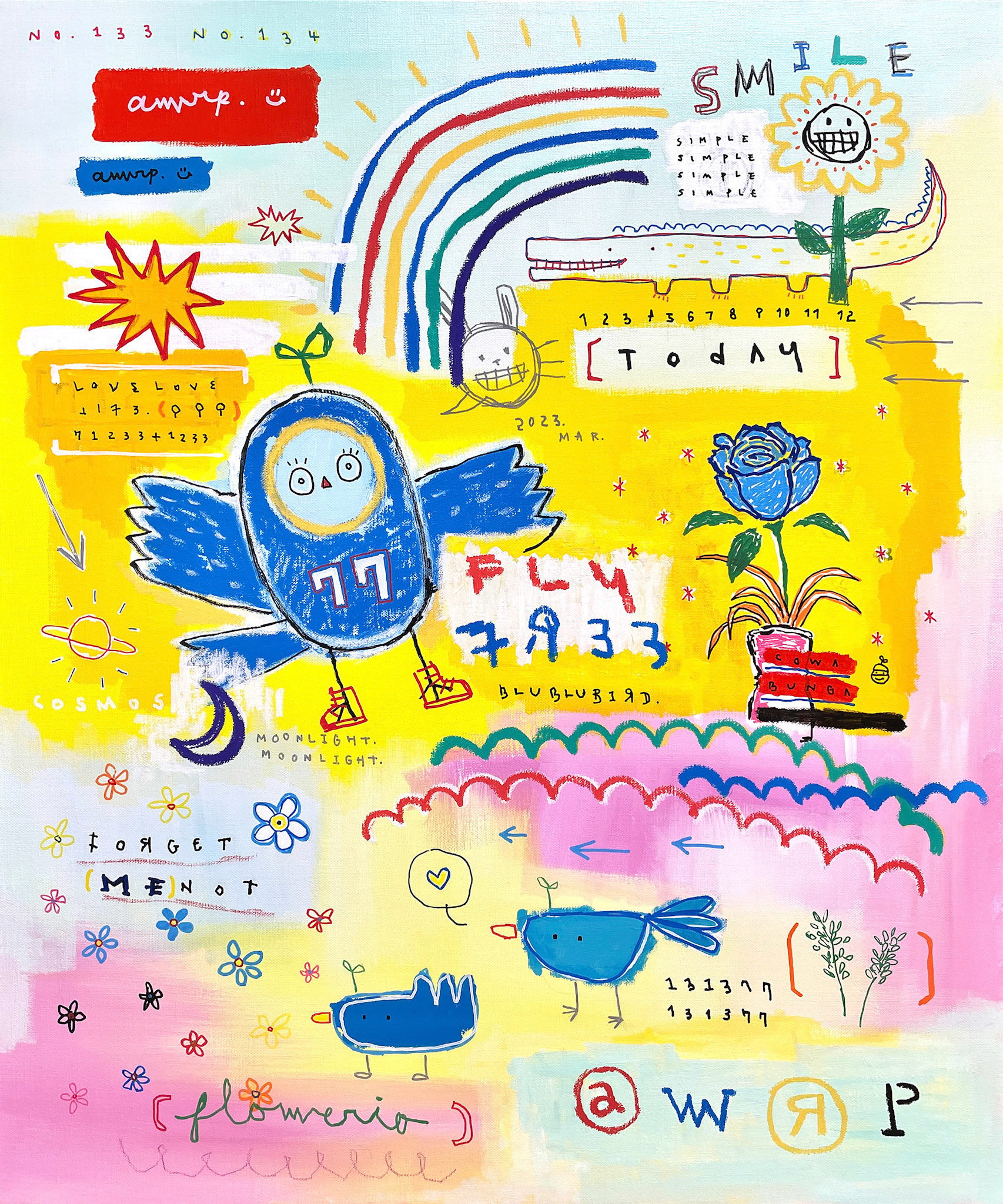 [77 FLY FREE] 72.7 x 60.6 cm (20F) Acrylic, oil paint-stick, oil marker, wax pastel on canvas 2023